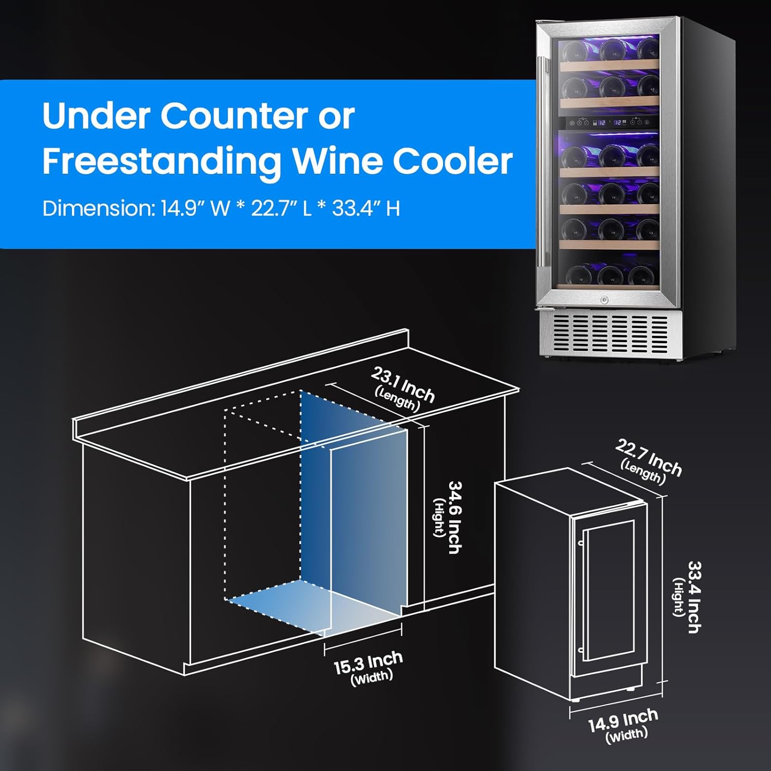 Antarctic Star Wine Fridge 15" Wine Cooler Under Counter Beverage Refrigerator Beer Mini Fridge 28 Bottles Dual Zone Built-in Freestanding Stainless Steel Double-Layer Tempered Glass Door