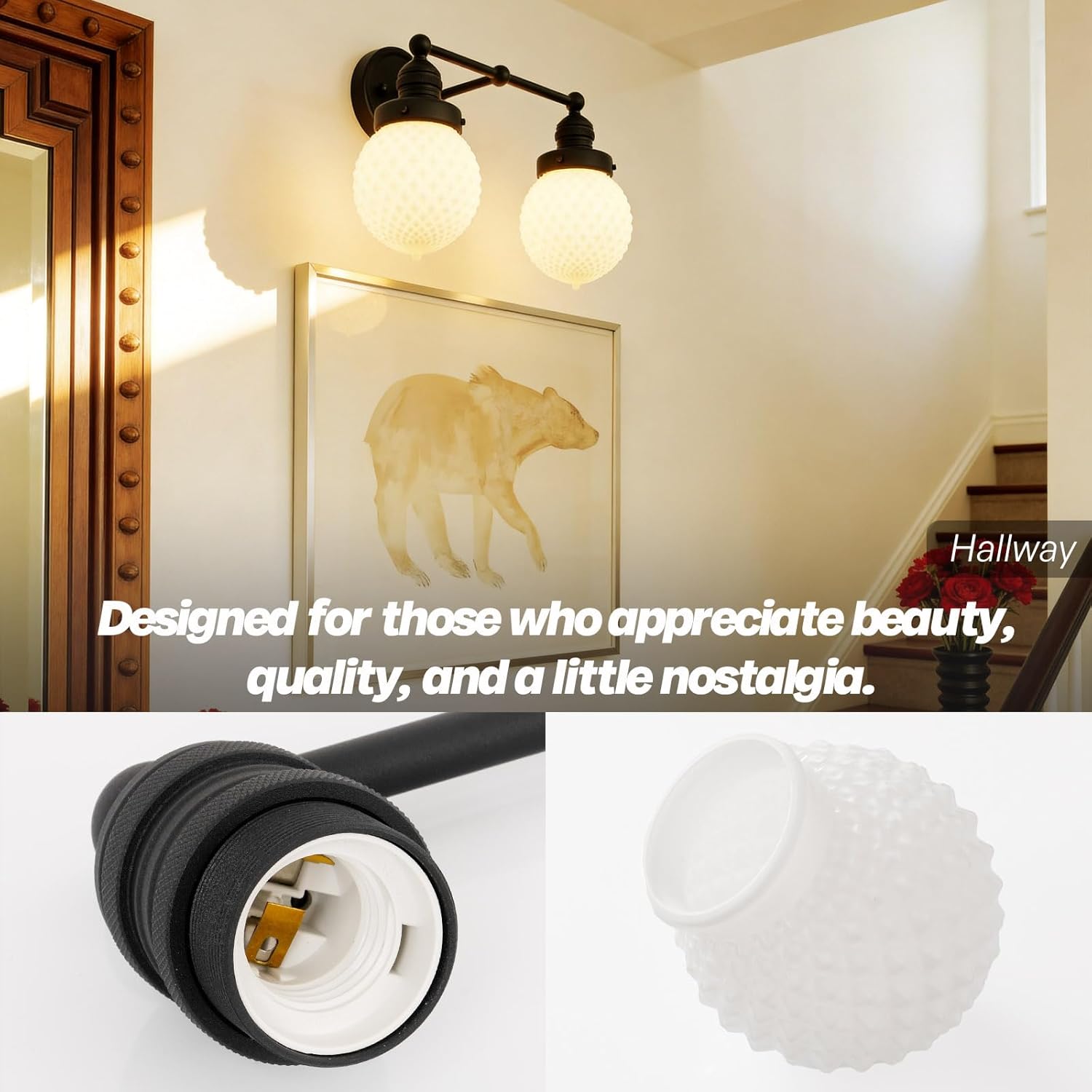 2-Light Vintage Wall Sconces Black Bathroom Vanity Light with Hand-Blown Milky White Glass Hardwire Double Sconce Wall Lighting for Bathroom Living Room Kitchen Hallway E26 Indoor