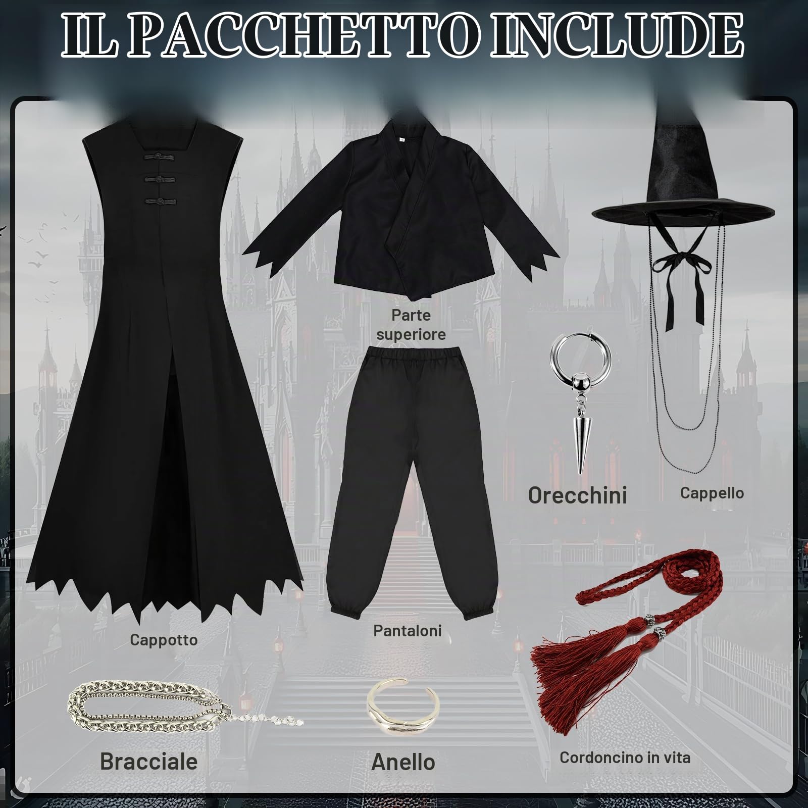 Costume Carnevale Uomo, Déguisement Cosplay per Adulti con Maglia, Pantaloni, Mantello, Cappello e Accessori Coordinati, Outfit Scuro e Misterioso per Halloween Carnevale Feste Tema Travestimenti