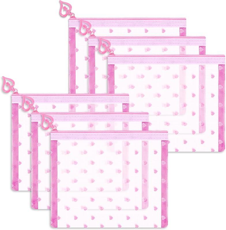 Fassave Pacote com 6 necessaires de maquiagem em nylon telado com zíper, estampa de coração, rosa, tamanho S