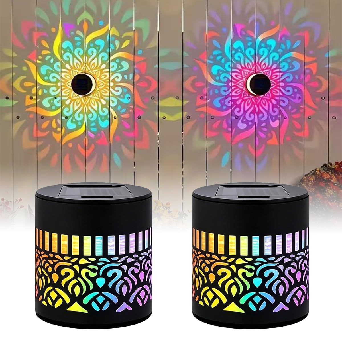 JKJYHF54 Decorative Solar Mandala Lights, Seven-Color Changeable Waterproof Mandela Solar Fence Lights, Mandala Lights Outdoor for Garden Post Patio Backyard Yard Decor(2 PCS)