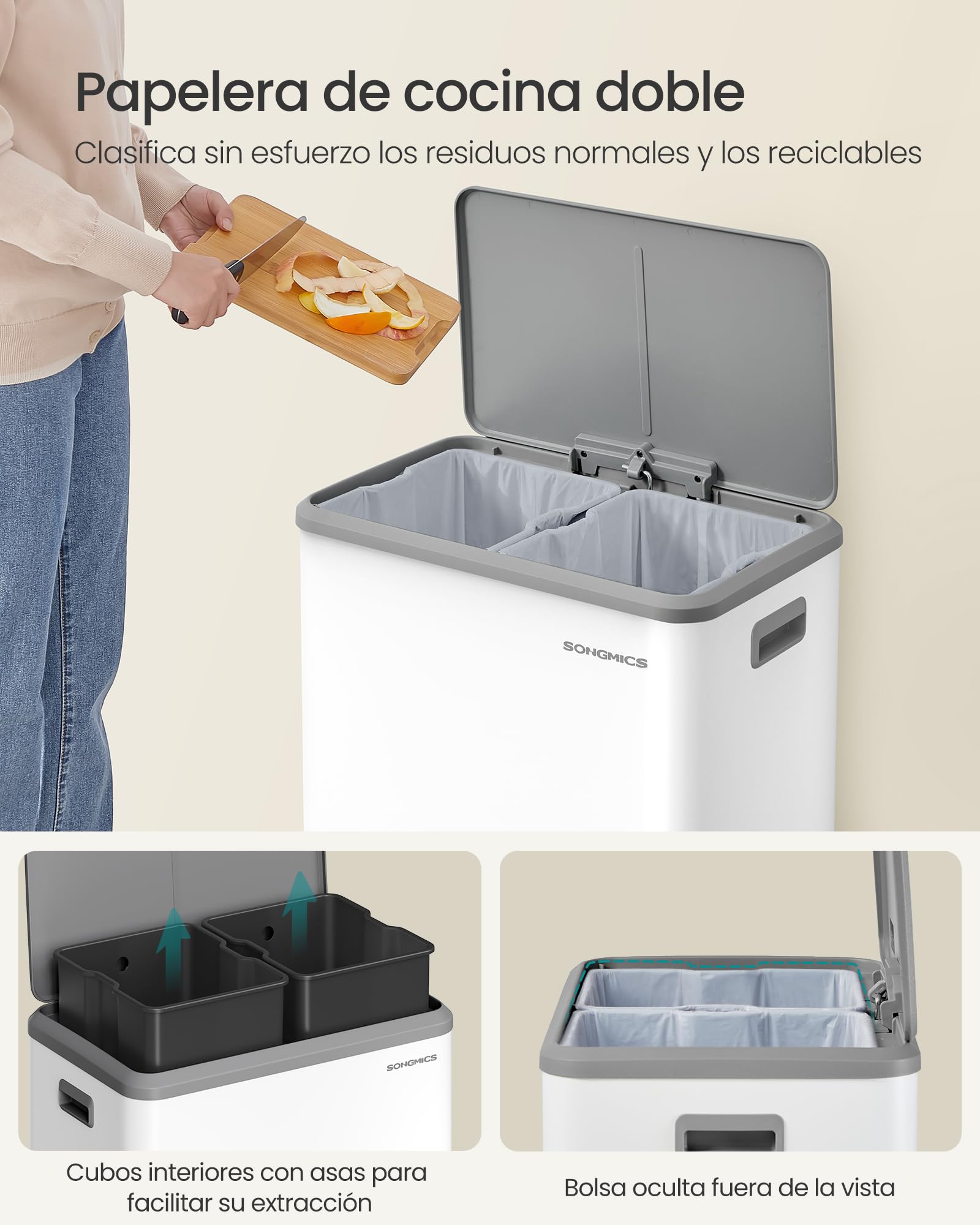 SONGMICS Papelera de Cocina, 2 x 30 L Cubo Doble para Reciclaje y Basura, Cubos Interiores, Acero, Tapa de Cierre Suave, Pedal Ancho y Robusto, Blanco Nube LTB556W02 | POWE LTB556W02 - Cubo de basura (2 compartimentos, tapa de cierre suave, pedal ancho, r