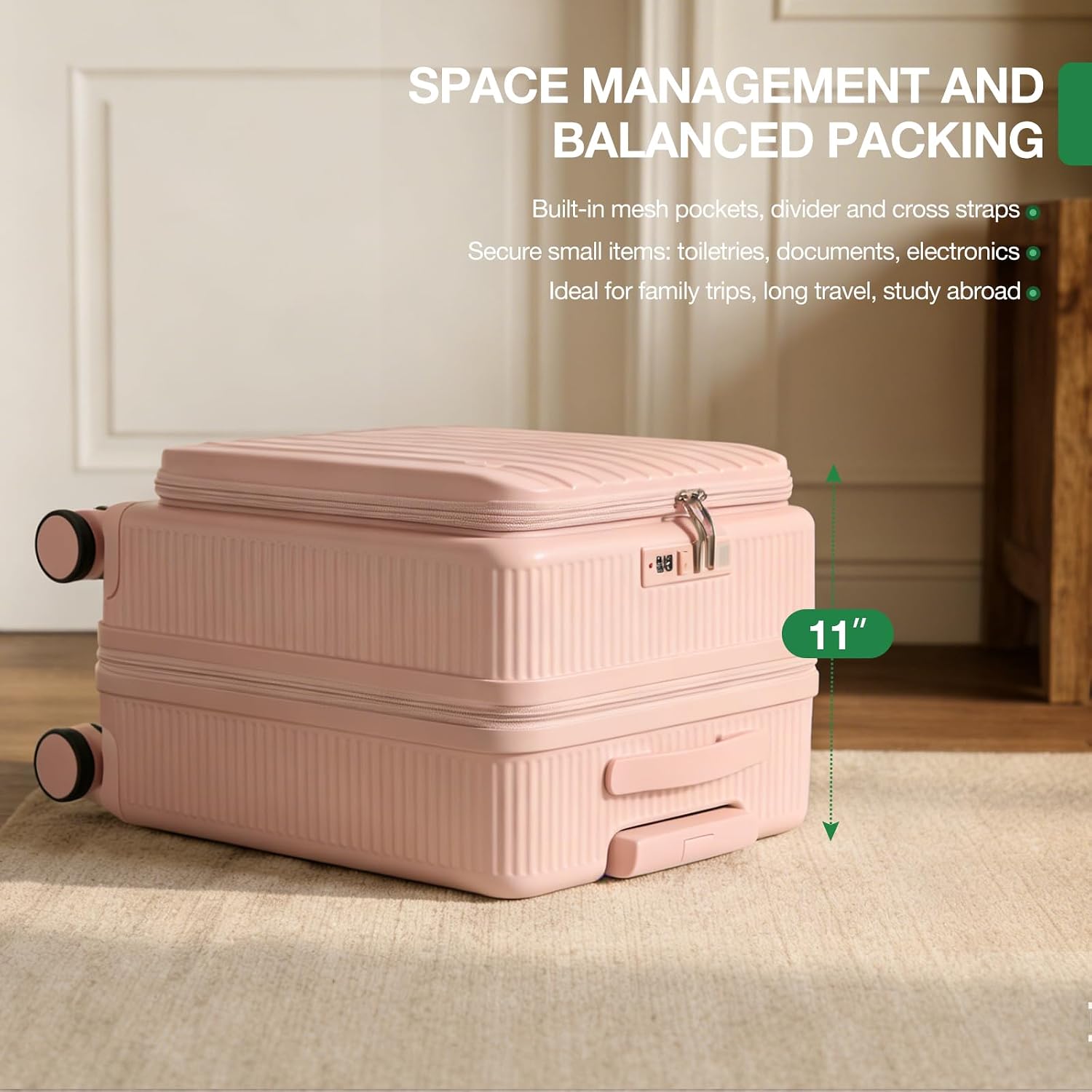 20 Inch Lightweight Carry On Luggage Airline Approved with Front Laptop Pocket, USB Port, Cup Holder & Phone Stand, Hard Shell Spinner Suitcase for Travel Business Work College Womem Men(Pink)