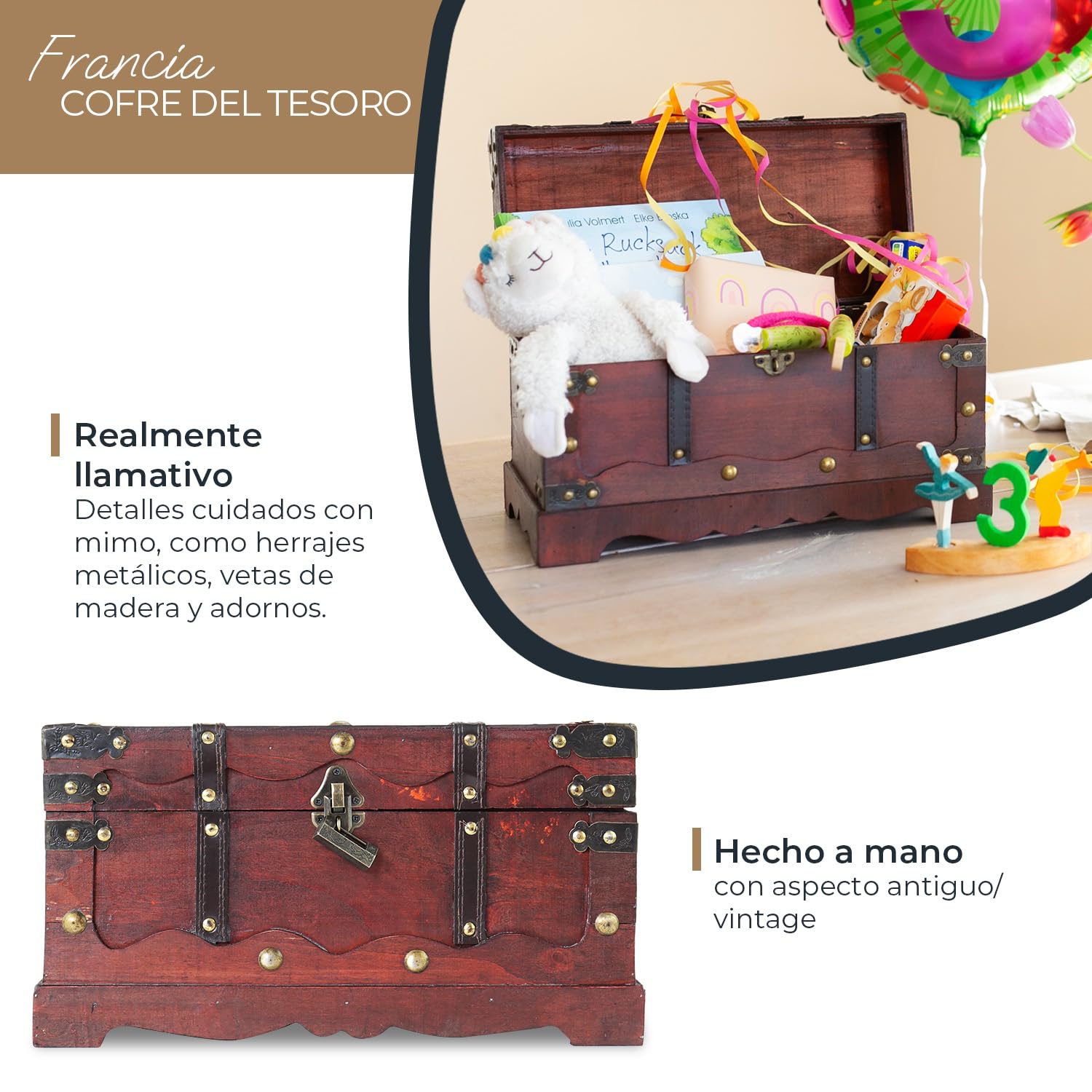 HMF Cofre del tesoro de madera, Cofre grande con cerradura decorativa para cumpleaños infantil | 40 x 19 x 22 cm | Francia