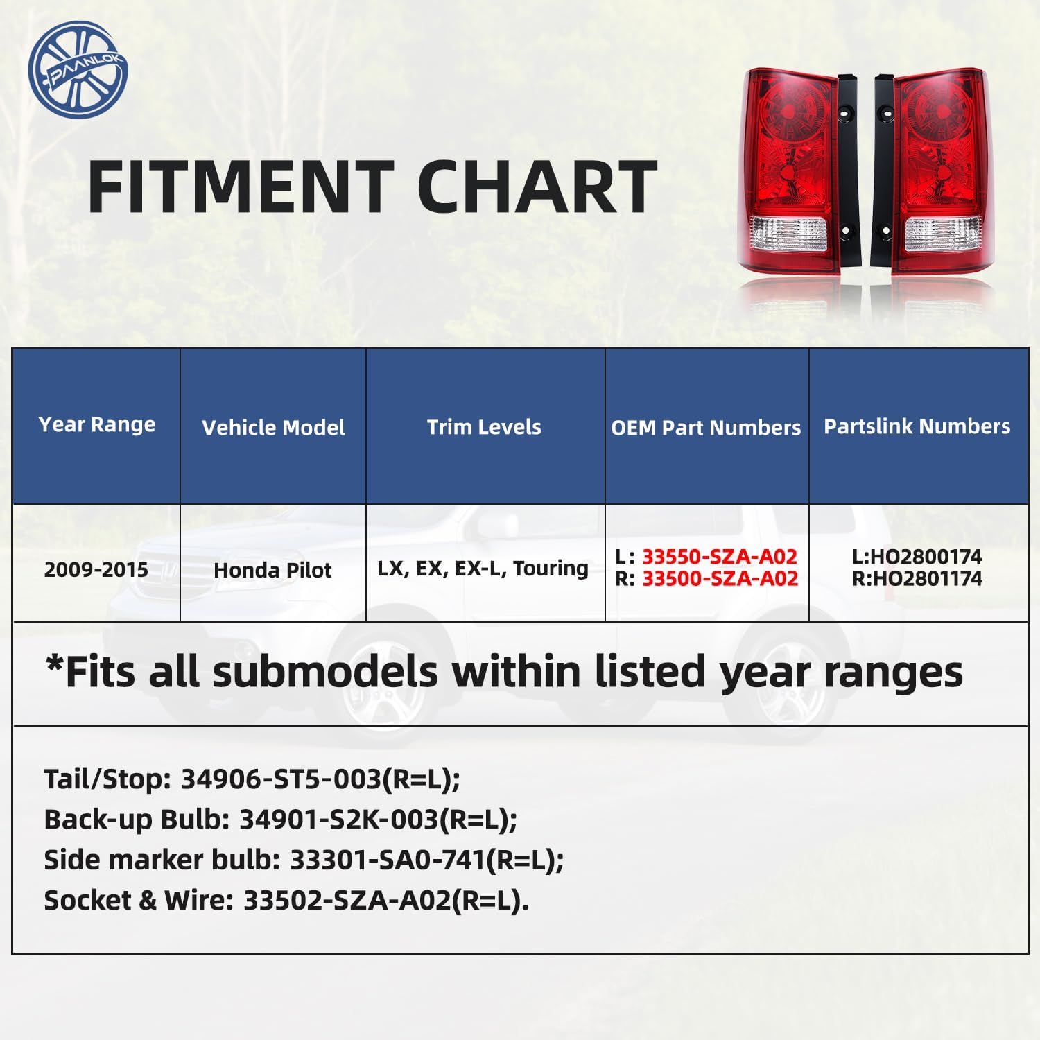 Set of 2 Direct Fit OE Replacement Tail Lights for 2009-2015 Honda Pilot - OE Red Factory Housing Only, DOT SAE Certified Waterproof OEM-Style Lamps