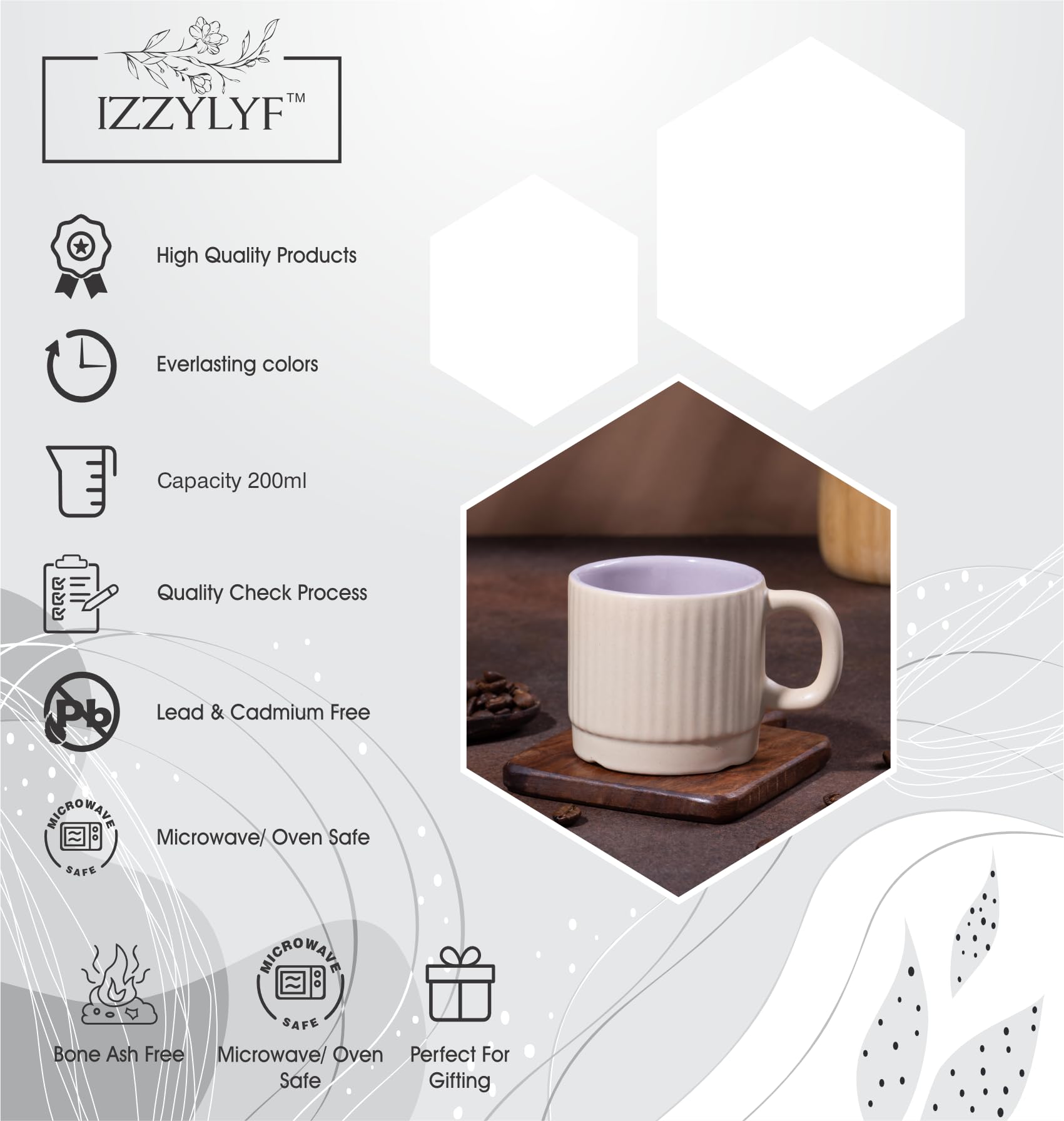 IZZYLYF 'BrewNest Classic Multicolor' Ceramic Cups Set of 6 (200 ml) | Microwave & Dishwasher Safe with Handle for Tea, Coffee & Chai | Ideal for Gifting, Home, Cafe & Office 1