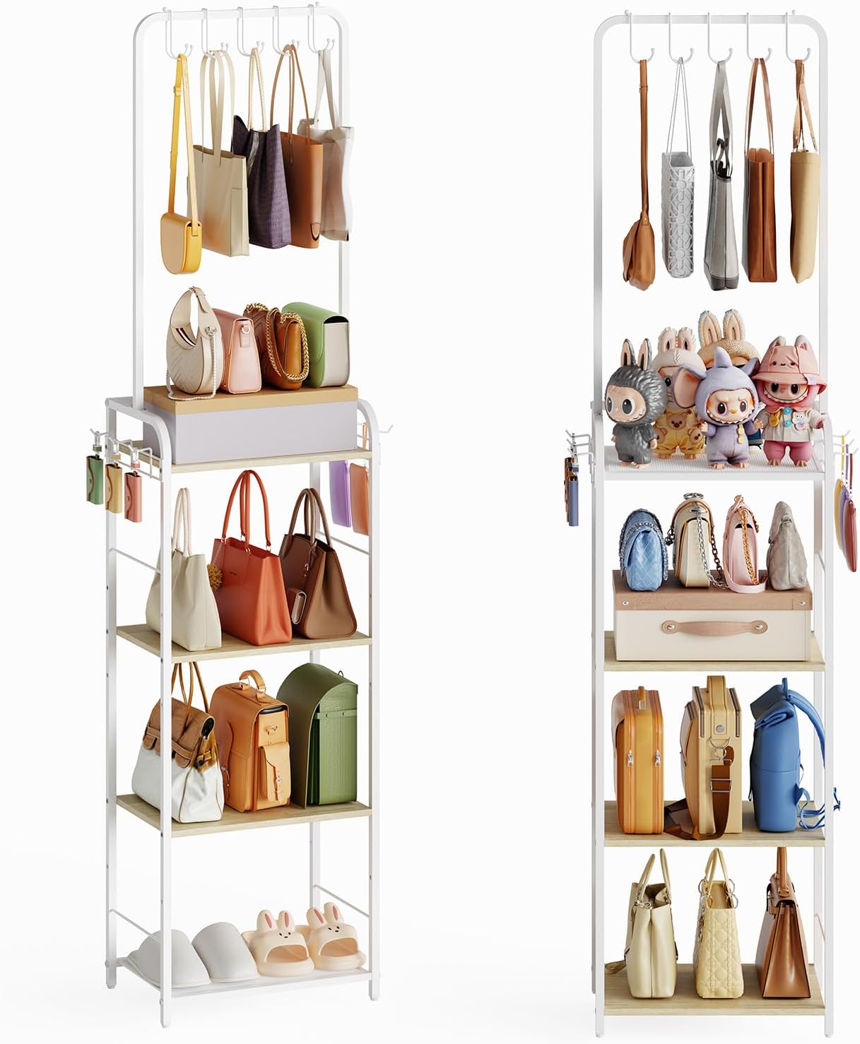 Tall Purse Organizer Stand with 3-Tier Thick Wood + 1-Tier High-Density Mesh, Adjustable Interchangeable, Slim Narrow Freestanding Handbag Rack with 5 Large & 6 Side Hooks, Closet Bag Storage White