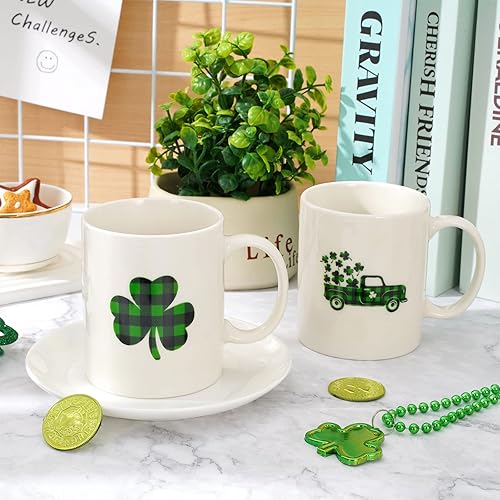 Miniatura 3 de Whaline Juego de 2 tazas para el día de San Patricio 11 onzas búfalo a cuadros camión de trébol taza de café de cerámica irlandesa a juego tazas de