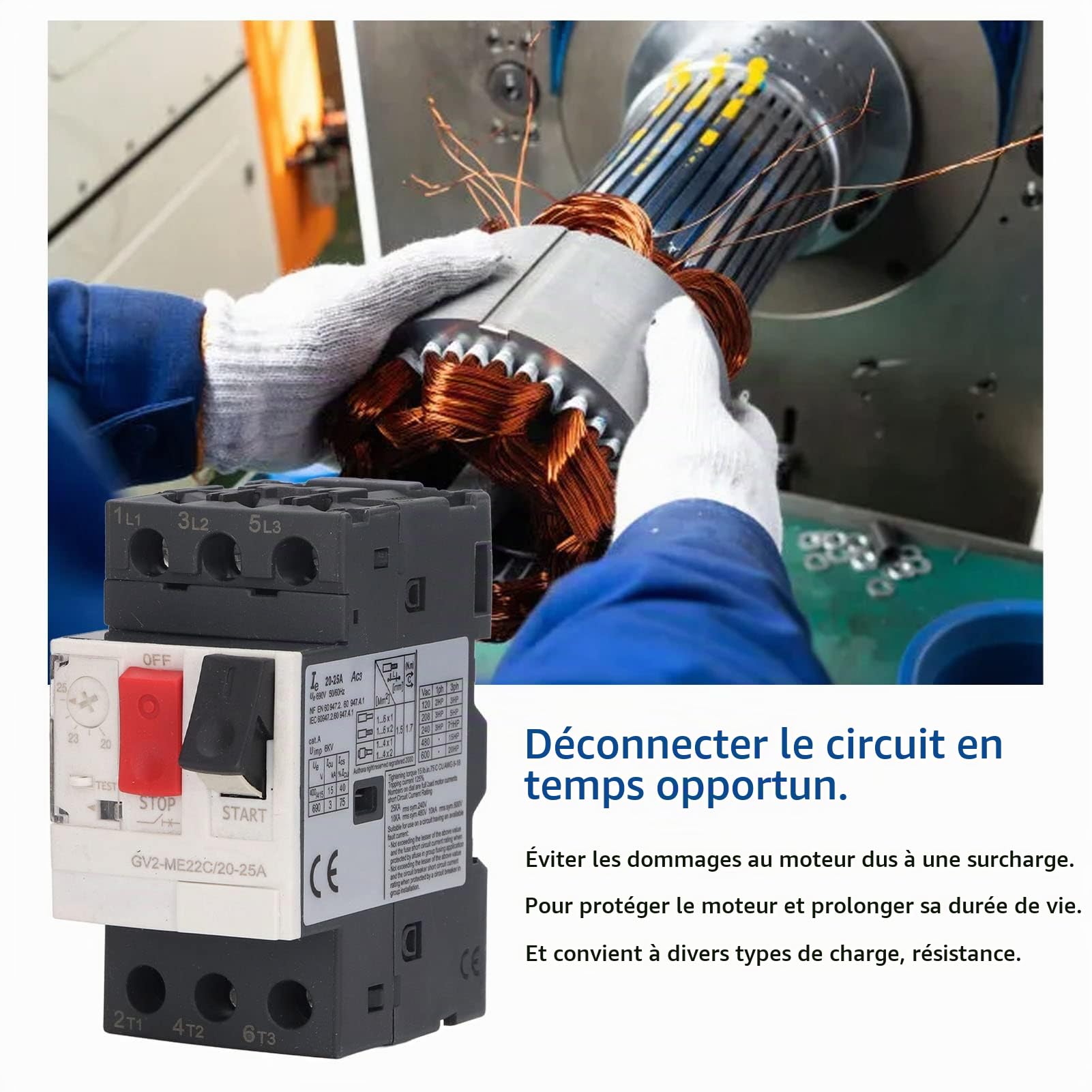 Disjoncteur Moteur, Protecteur de Circuit Moteur Triphasé 3P Interrupteur de Protection Contre Les Surcharges Bouton de Démarrage Manuel Du Moteur Sur Rail Din Ac 690V Gv2-Me22C, 3P, 20-25A