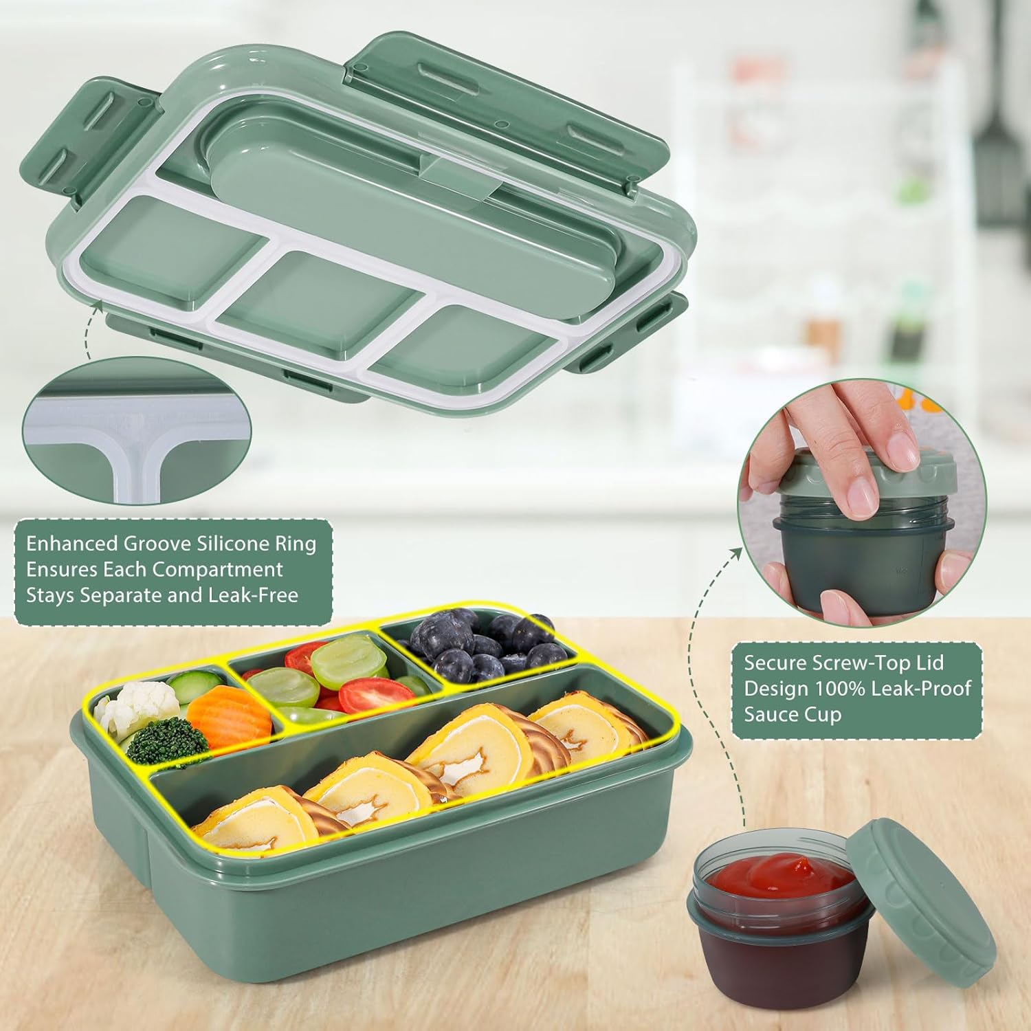 Caperci Bento Box Adult - 50 oz Large Lunch Containers for Adults and Teens, 4-Compartment Bento Lunch Box with Utensils & Leak Proof Sauce Cup, Dishwasher Safe, Durable, BPA-Free (Khaki Green) - Image 3