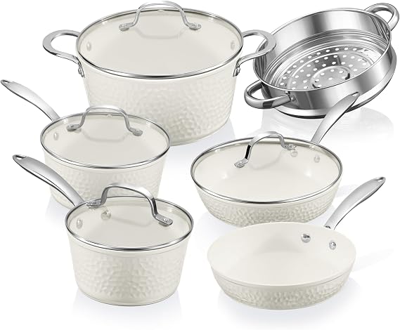 Gotham Steel Hammered 15 Pc Ceramic Cookware Set Nonstick, Deep Pots and Pans Set Non Stick with Induction Cookware, Cooking Utensils & Steamer, Non Toxic PFOA PFOS Free, Oven & Dishwasher Safe