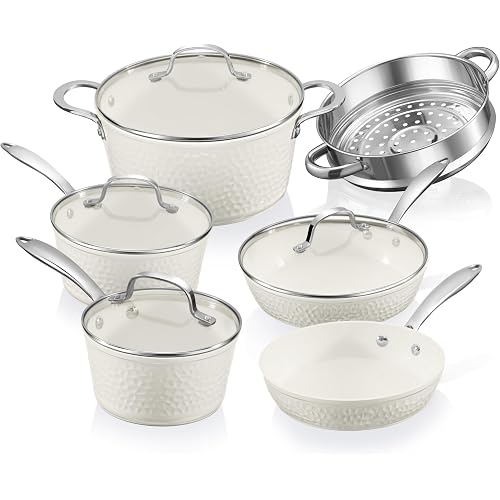 Gotham Steel Hammered 15 Pc Ceramic Cookware Set Nonstick, Deep Pots and Pans Set Non Stick with Induction Cookware, Cooking Utensils & Steamer, Non Toxic PFOA PFOS Free, Oven & Dishwasher Safe