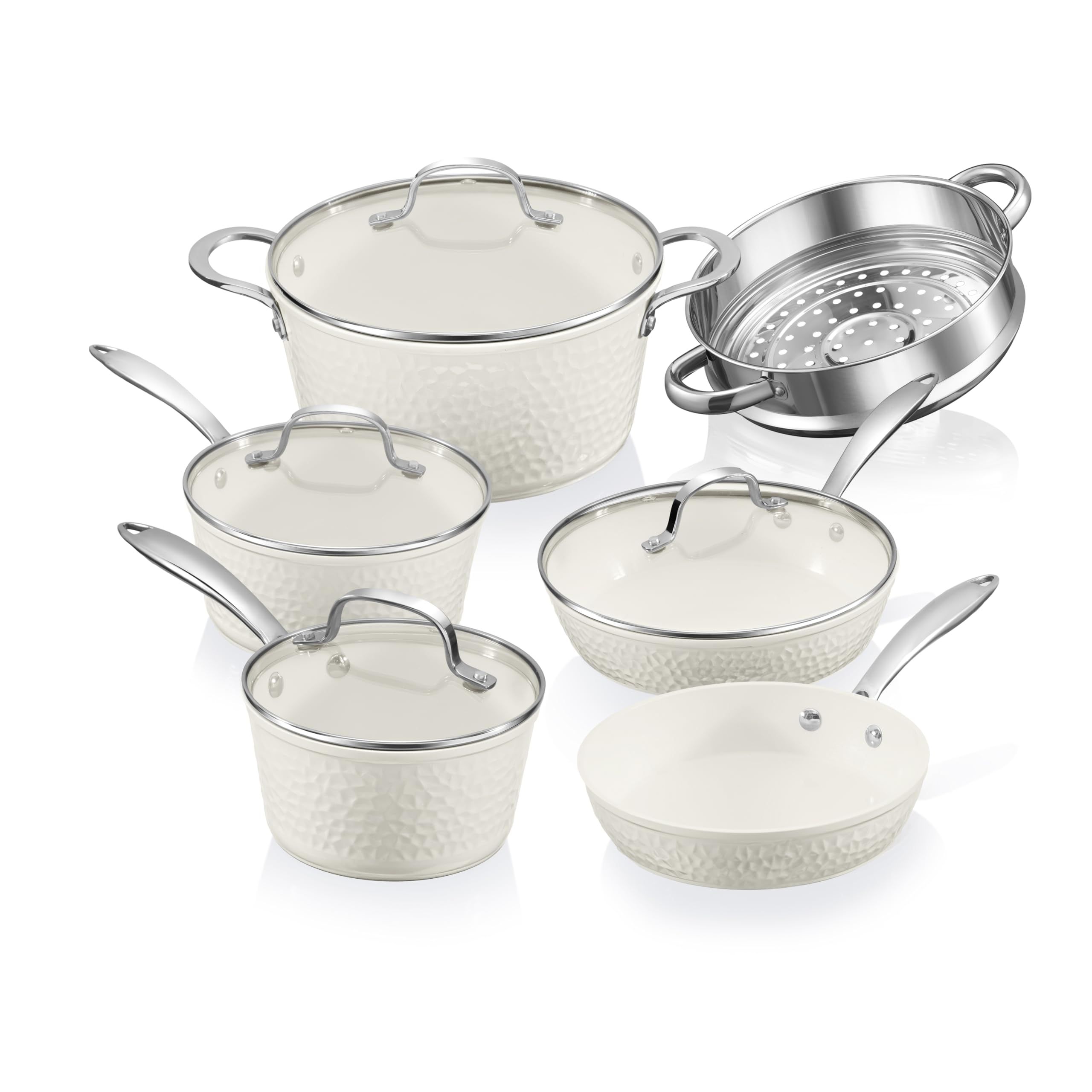 Gotham Steel Hammered 15 Pc Ceramic Cookware Set Nonstick, Deep Pots and Pans Set Non Stick with Induction Cookware, Cooking Utensils & Steamer, Non Toxic PFOA PFOS Free, Oven & Dishwasher Safe