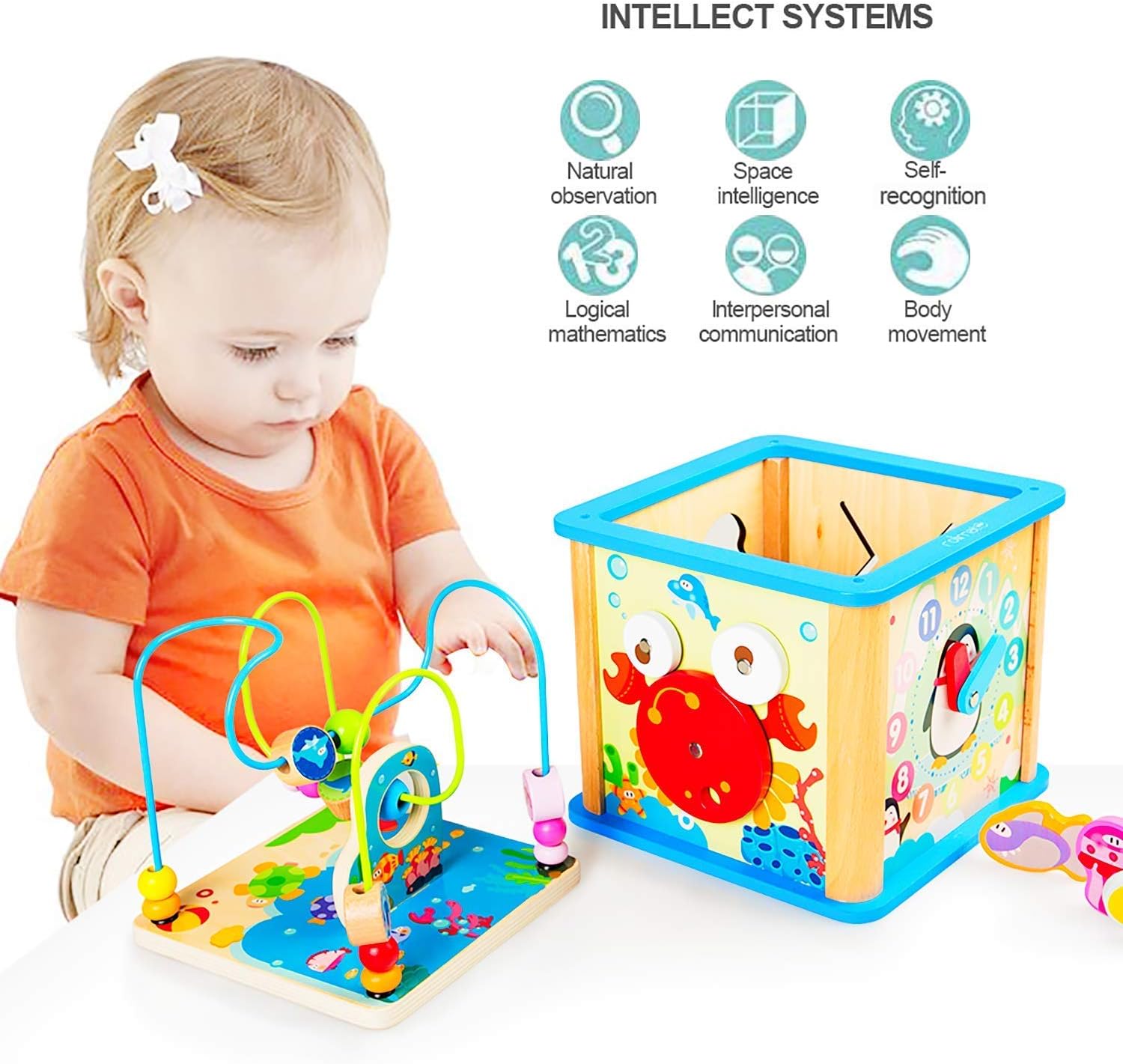 rolimate Wooden Activity Cube Best Christmas Gifts for 3 Year Old and Up Boy Girl Shape Sorter Activity Center for Baby Kid Toddler Preschool Learning Toys Educational Travel Toys