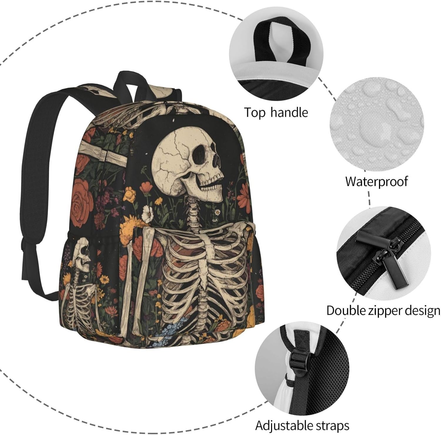 SUPLUCHOM School Backpack Skeleton Flower Skull Vintage Casual Daypack Laptop Bag with Side Pockets Bookbag for School Travel Hiking Work Student Over 3 Years Old Kids
