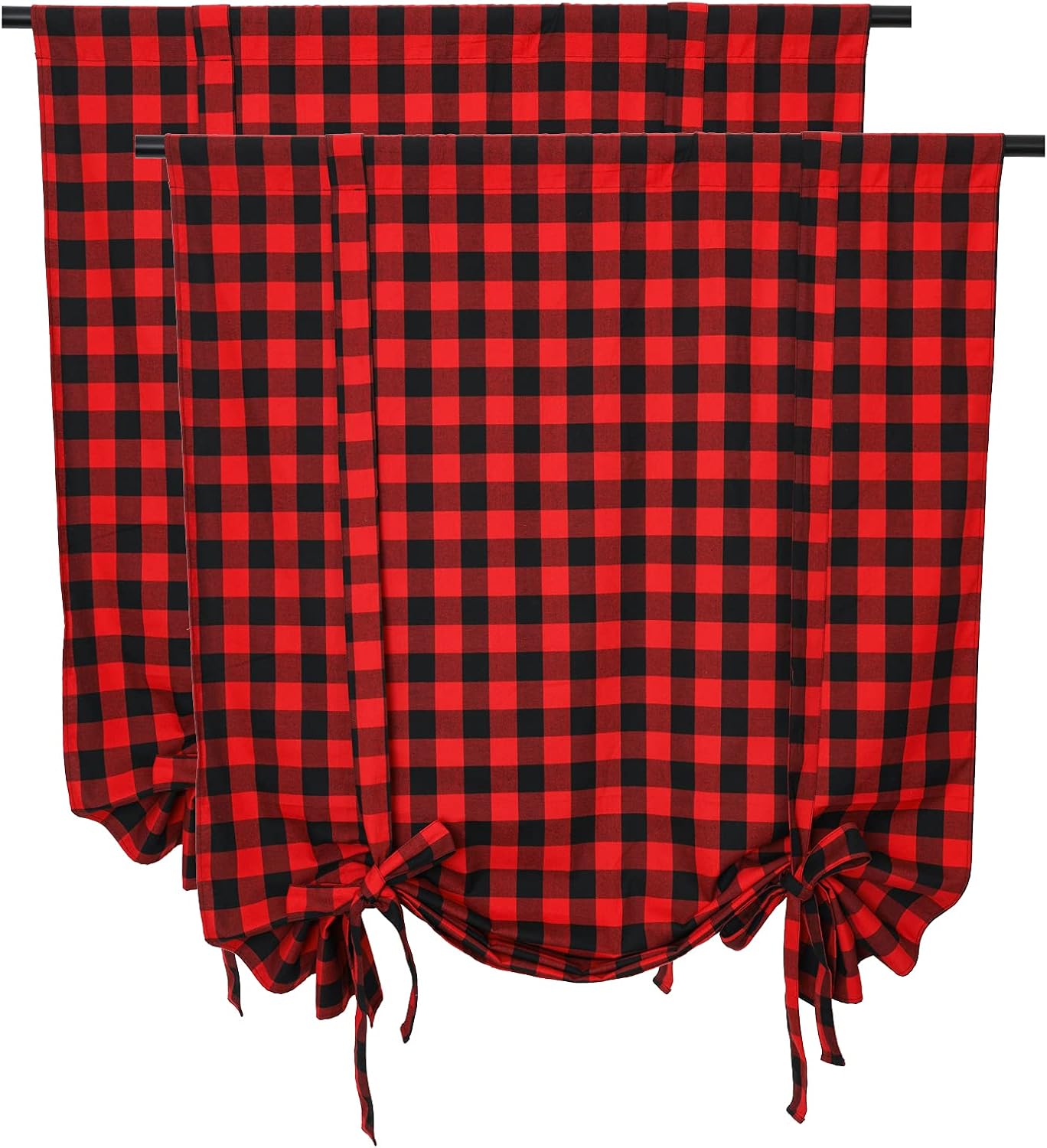 Buffalo Check Plaid Tie-Up Shade Window Curtain, Buffalo Gingham Rod Pocket Bathroom Kitchen Cafe Window Curtains, Red and Black, 42 x 63 Inches, 2 Panel