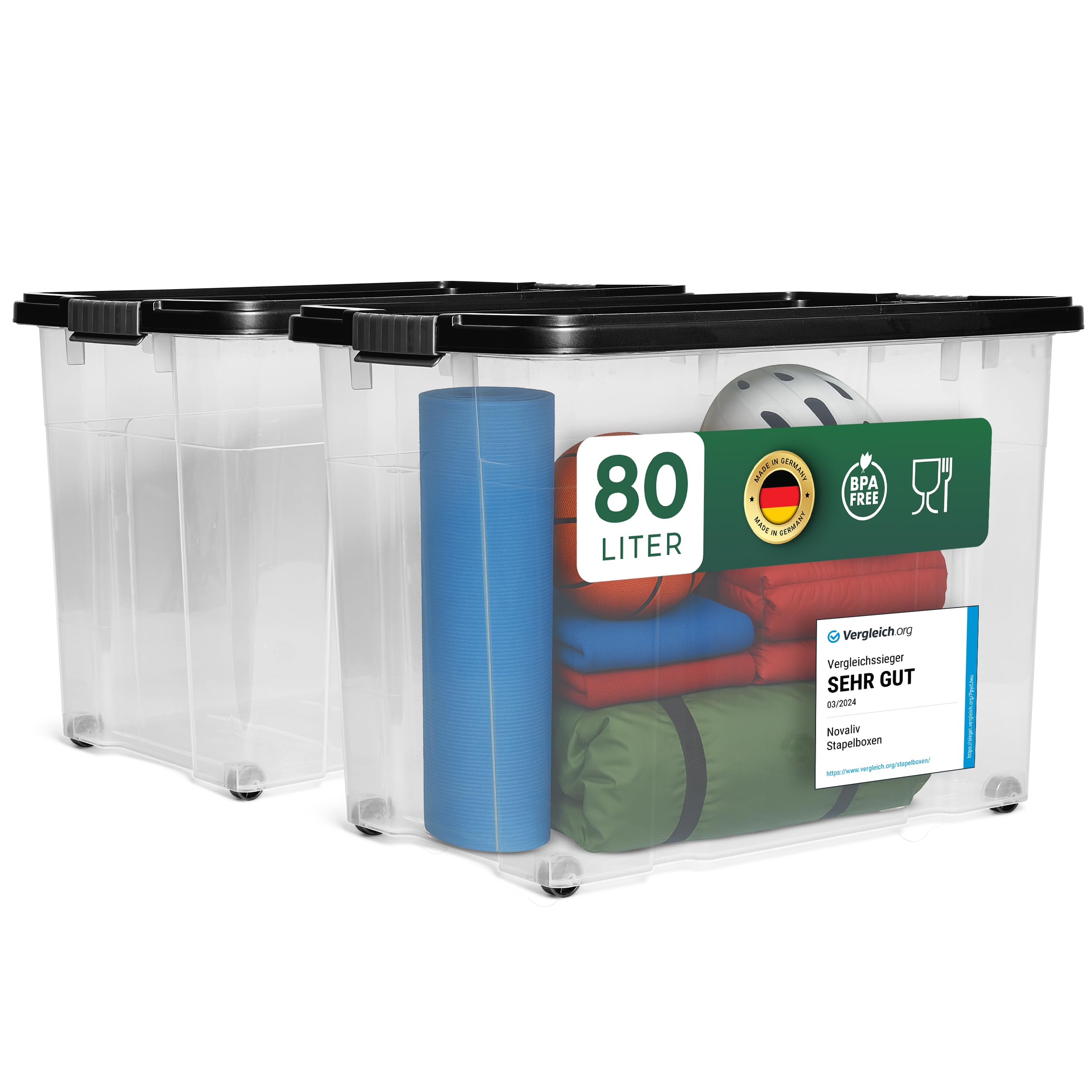 Novaliv 2 scatole portaoggetti con coperchio, grandi 80 l, colore antracite, impilabili, con chiusura a clip, in plastica, senza BPA, 61 x 40 x 45 cm