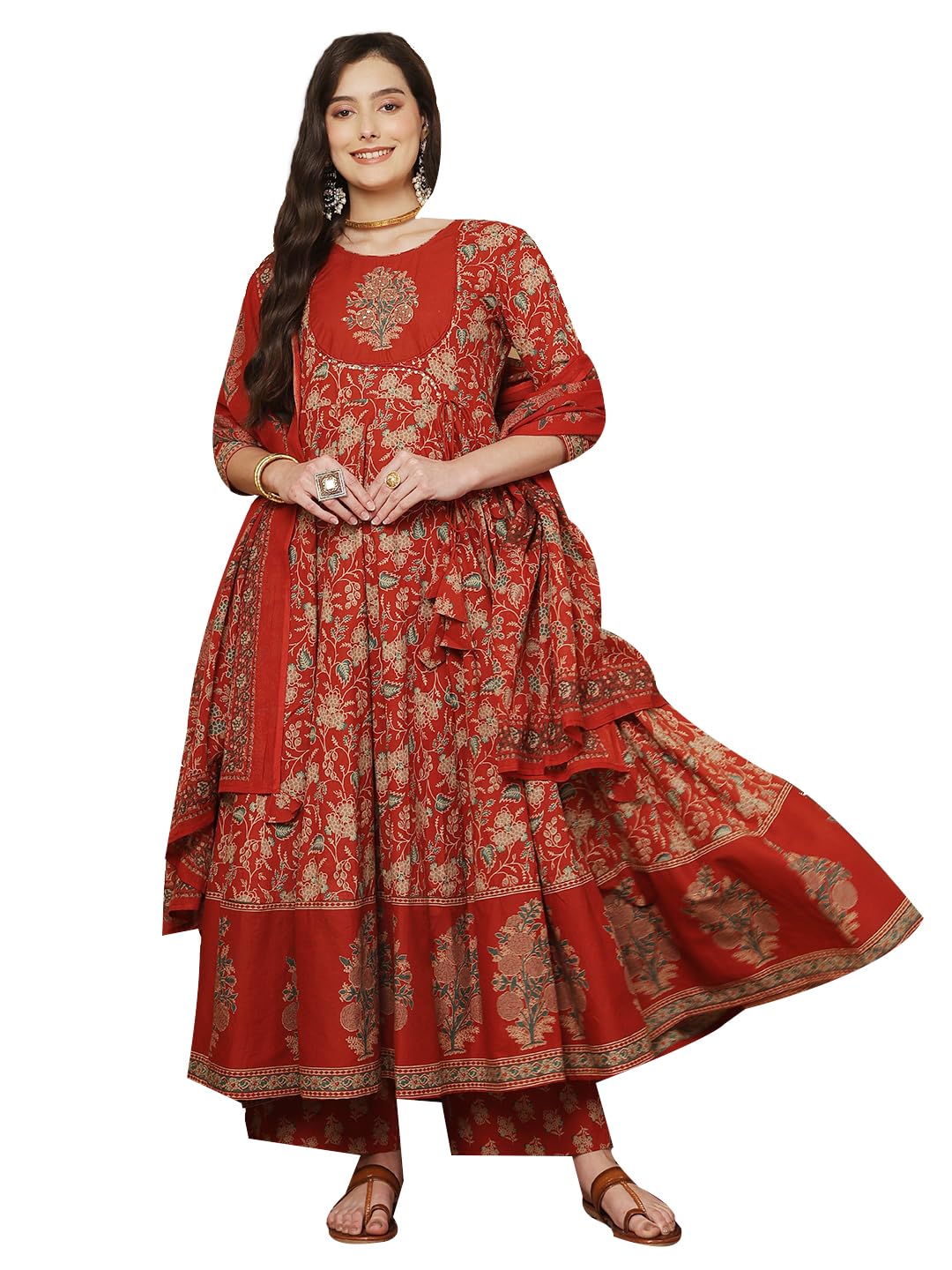 kimayra Women's Cotton Calf Length Printed Round Neck Anarkali Kurta Suit Set(KIM8008PC3MAROON_XL, Maroon)-picture-20