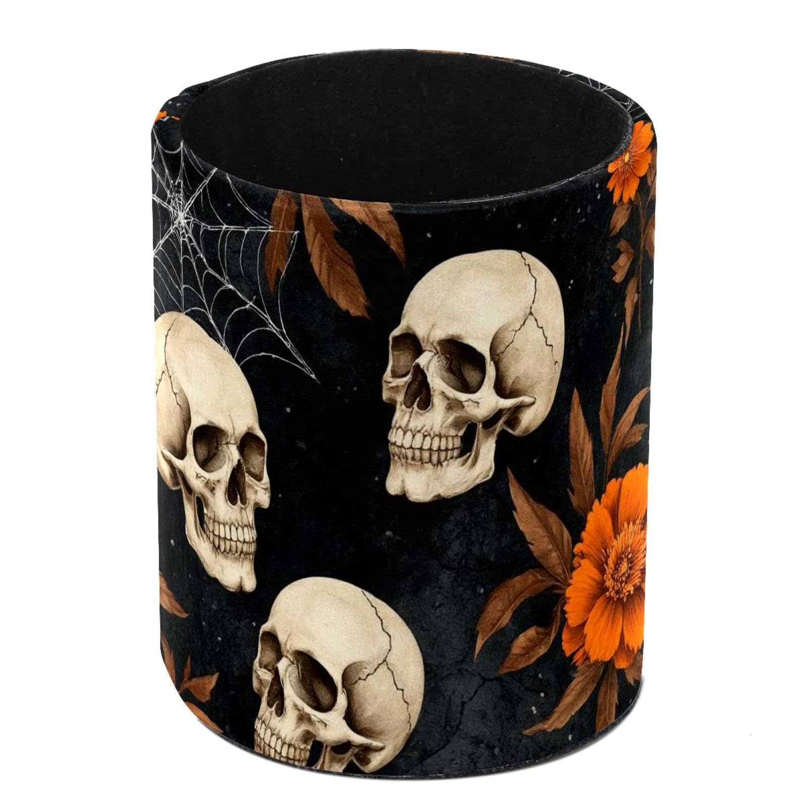 HEOEH Skull Flowers Pen Holder for Desk, PU Leather Pencil Holder Pen Cup Marker Holder Makeup Brush Holders, Desk Accessories & Workspace Organizers for Home, Office