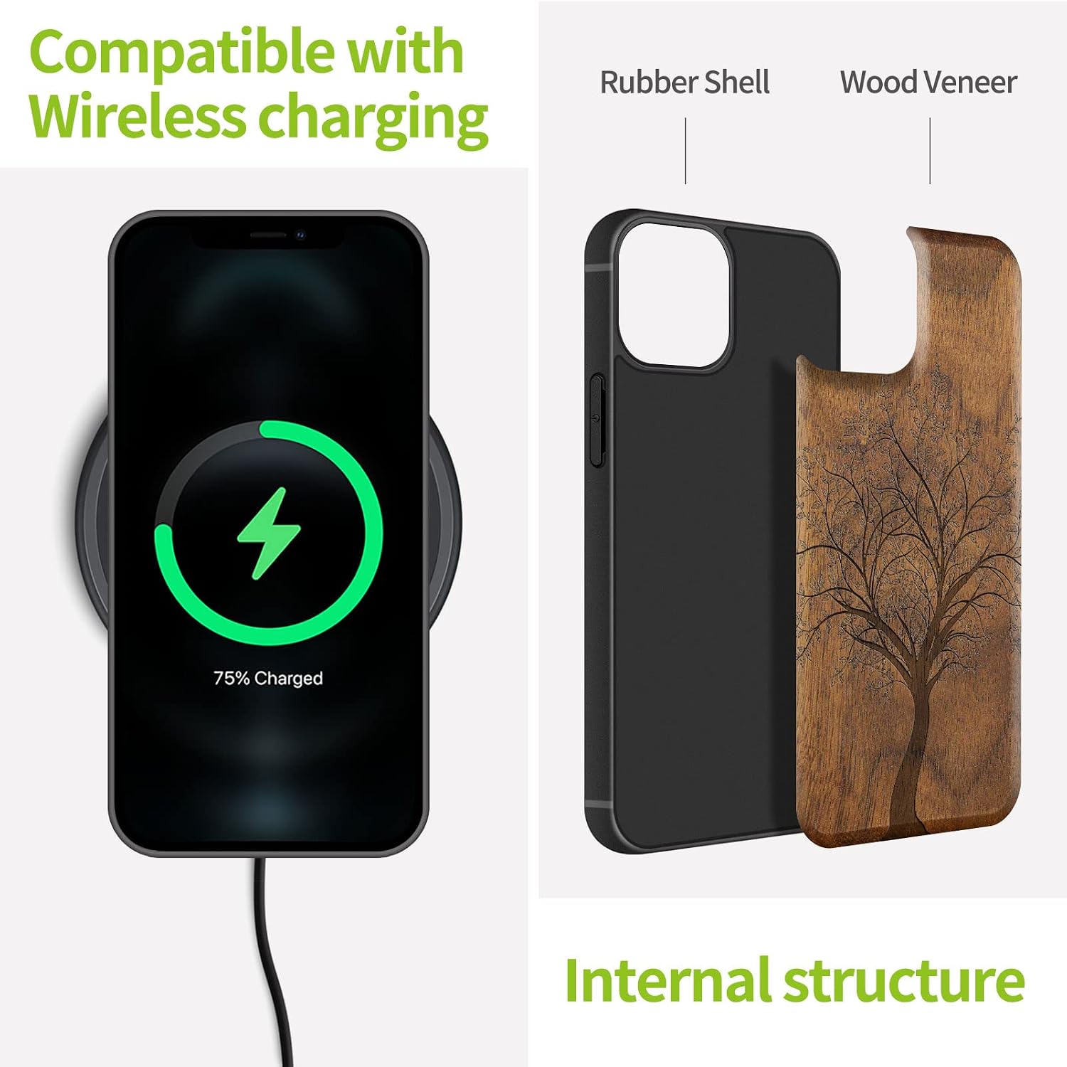Carveit Magnetic Wood Case for iPhone 13 Pro Max [Hard Real Wood & Black Soft TPU] Unique & Classy Wooden Shockproof Protective Cover Compatible with MagSafe (Leafy Tree Carving -Walnut)