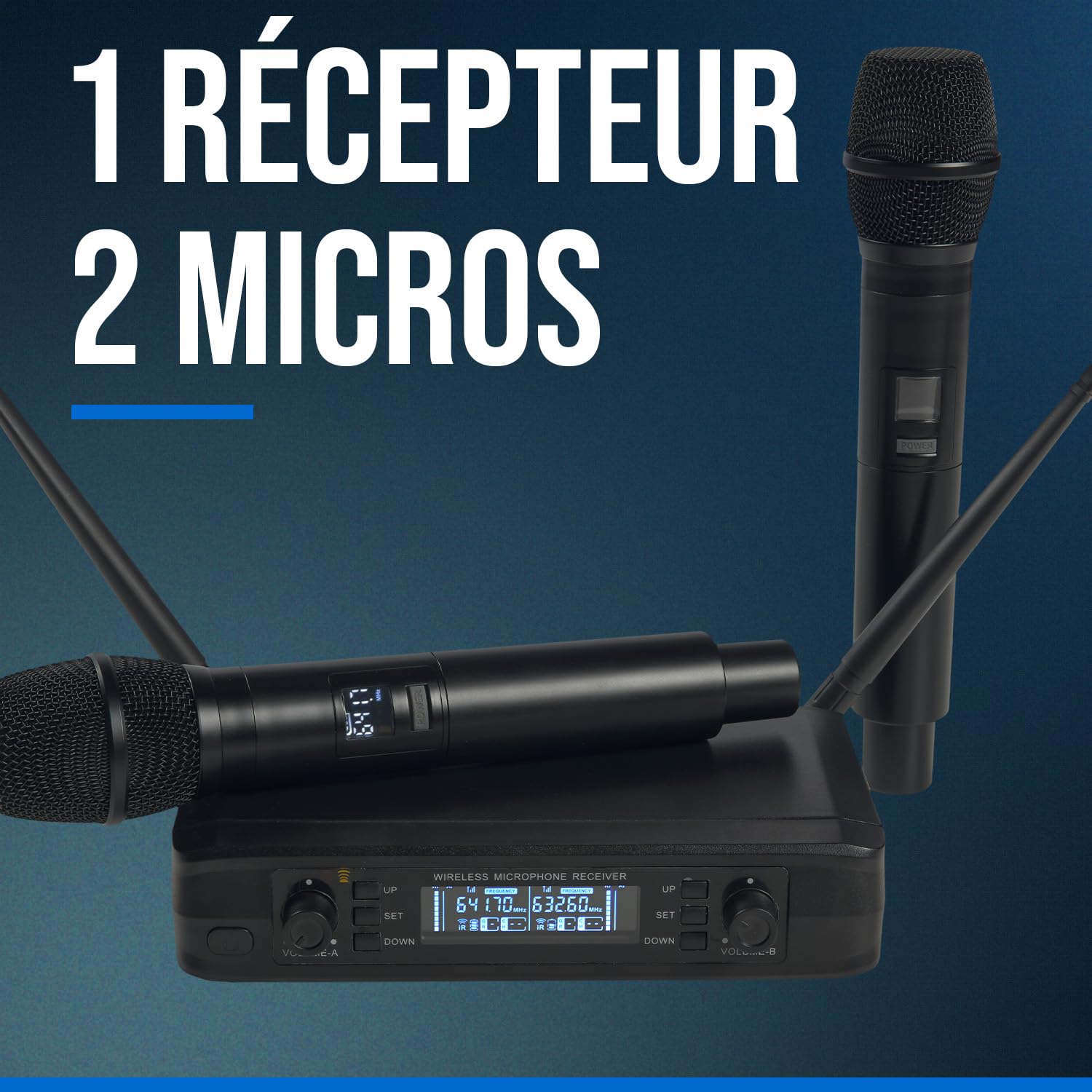 WOODBRASS Microphone sans Fil Système 2 x Micro UHF Multi fréquences - Portable Micros à Main pour Karaoké, Professionnel, DJ, Animation, Mariage, Conférence (UHF-2M-MULTI)
