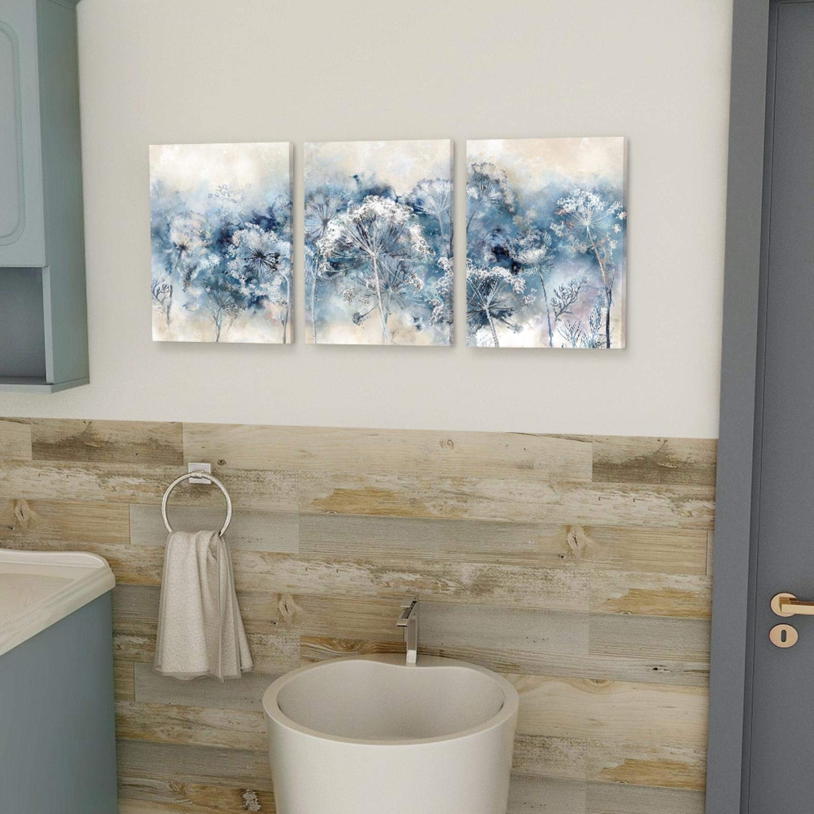 Yooyu Diente de león Arte de la pared Pintura en lienzo Carteles botánicos para el dormitorio Azul Blanco Baño Impresiones Casa de campo moderna Imagen (24x35in) 60x90cmx3 con marco