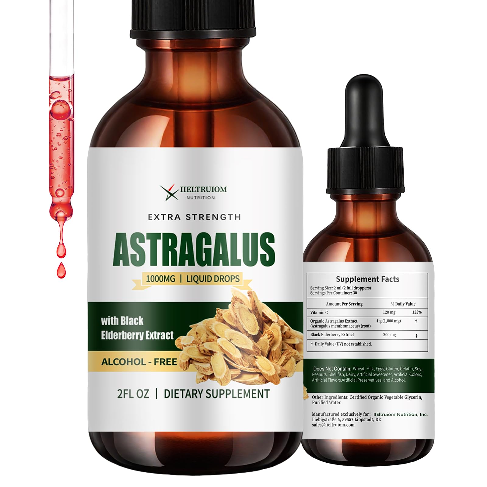 Astragalus Root Liquid Drops 1000mg with Elderberry & VC, Alcohol Free