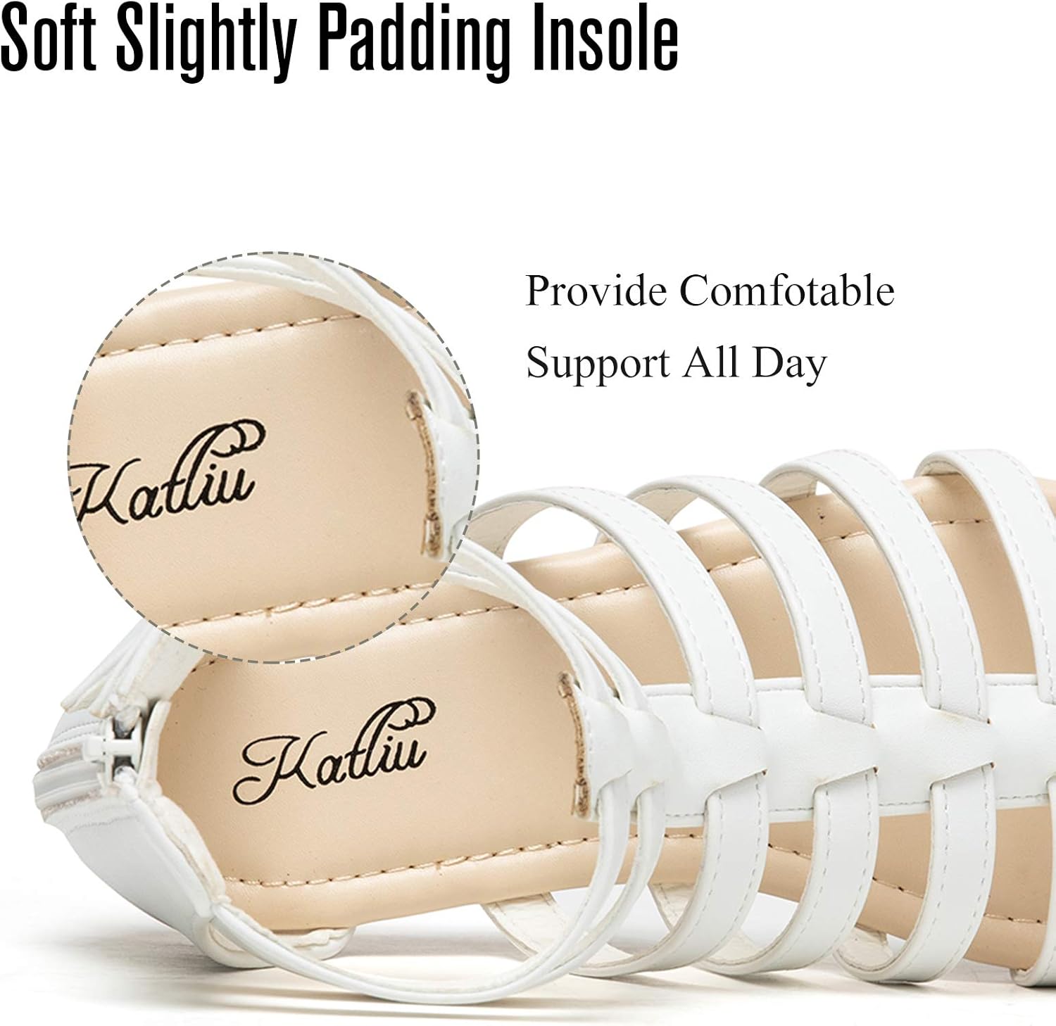 katliu Women's Gladiator Sandal Flat Strap Sandals Two Ankle Buckle 6 White