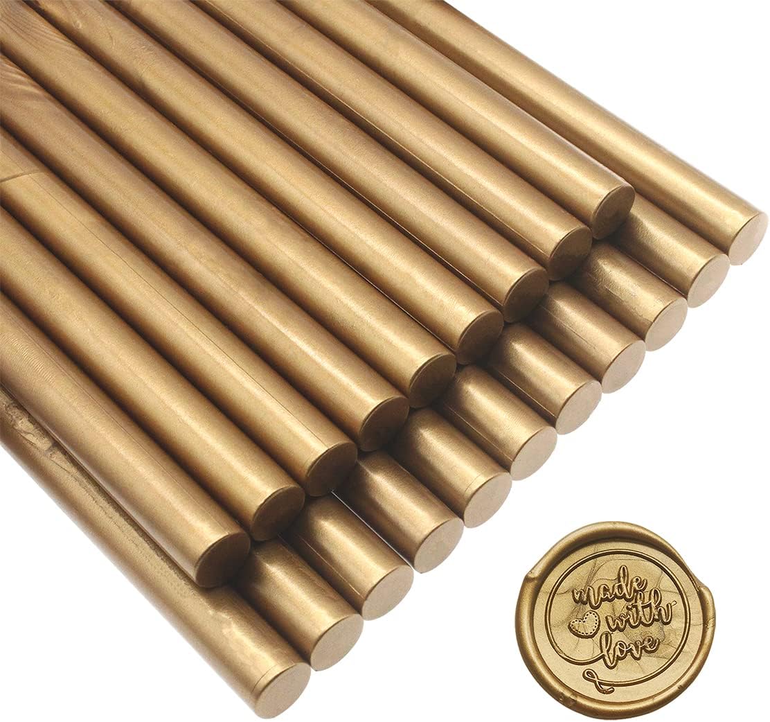 20 Pcs Premium Mailable Glue Gun Sealing Wax Sticks for Wax Seal Stamp, Great for Wedding Invitations, Cards Envelopes, Snail Mails, Wine Packages (Vintage Gold)