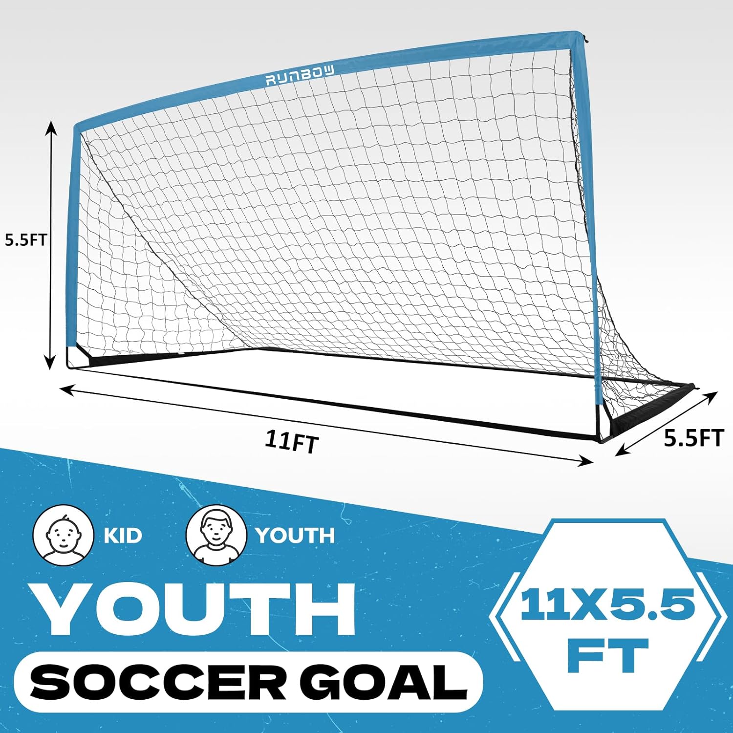 RUNBOW 11x5.5' 9x5' 6x4' FT Kids Soccer Goal with Carry Bag, Portable Folding Soccer Net for Backyard Training, Indoor/Outdoor Use for Youth and Adults