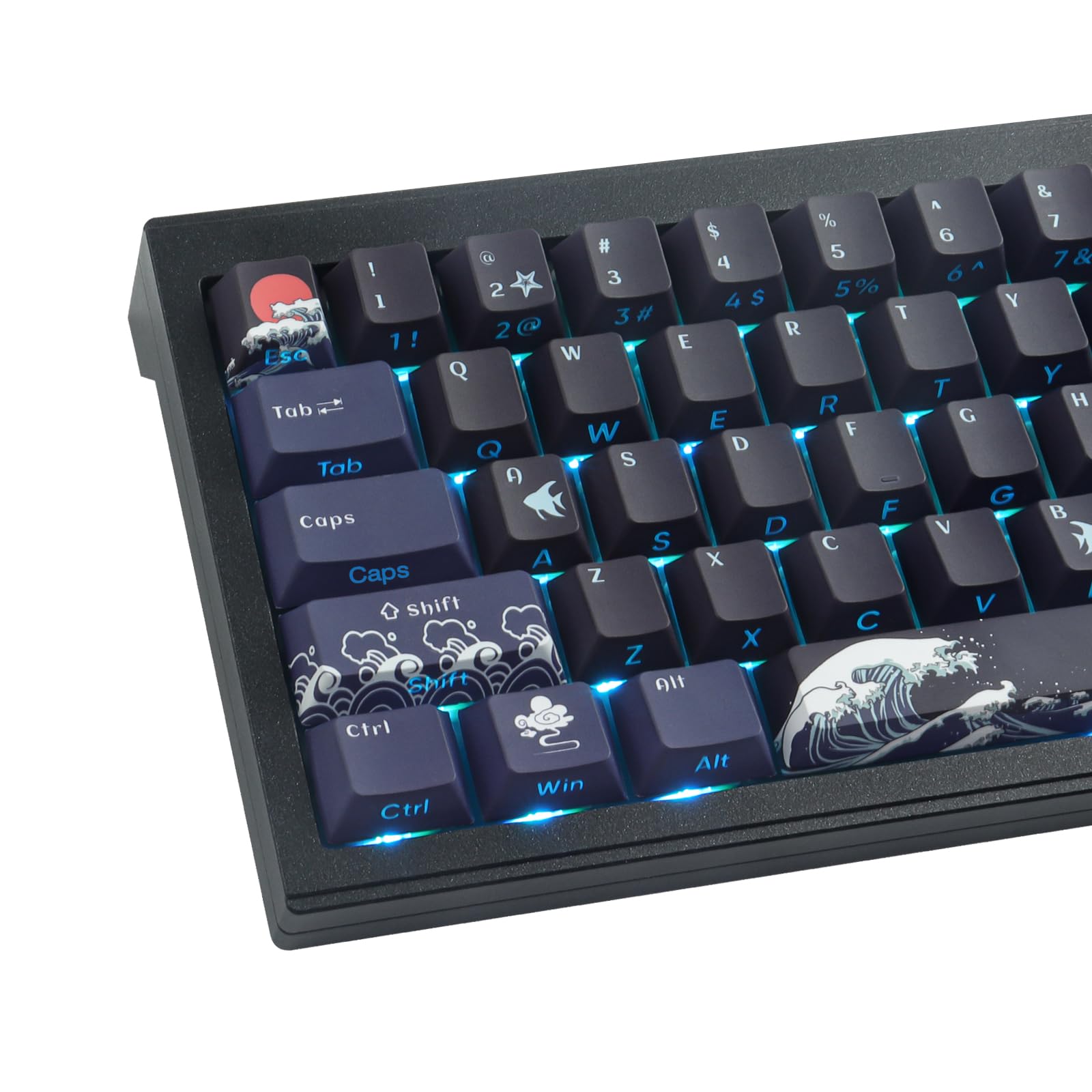 Sunzit PBT Custom Keycaps, 129 Keys Coral Sea Cherry Profile Dye Sublimation Shine Through Side Printed Keycaps for ISO/ANSI UK Layout Mechanical Gaming Keyboard (Black)
