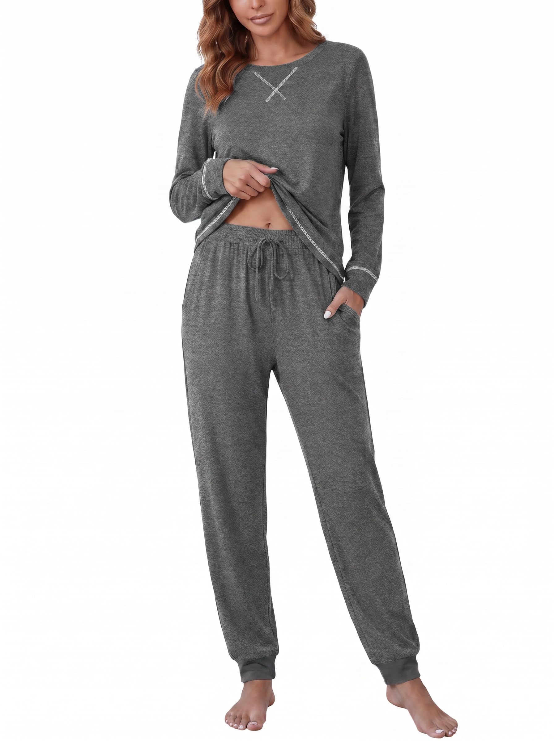 Ekouaer Schlafanzug Damen Lang Pyjama Set Hausanzug Zweiteilige Loungewear | langarm lounge set, herbst winter nachtwäsche, rundhals oberteil, bündchenhose, taschen, elastischer bund mit kordelzug