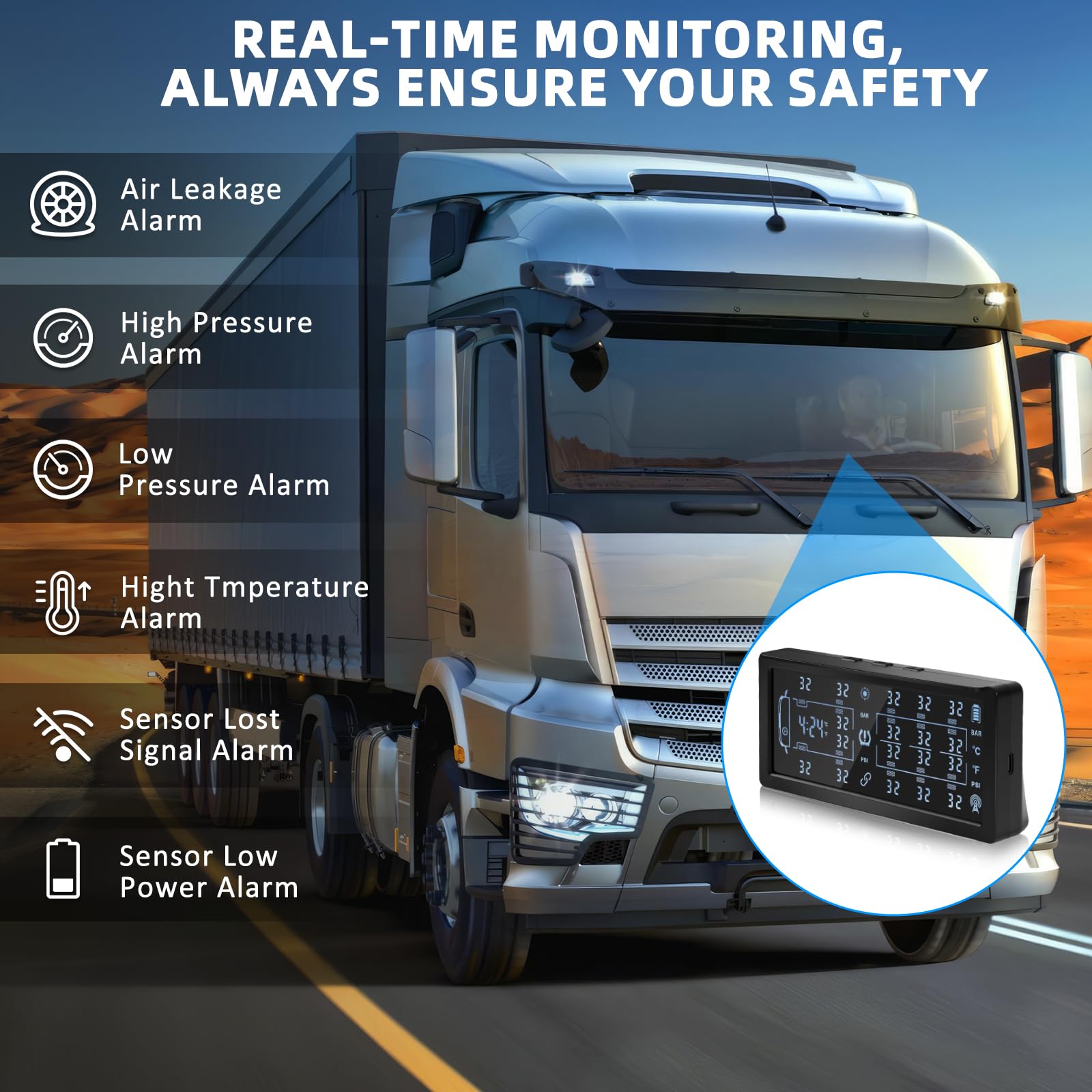 TPMS Solar Sistema de Control de Presión de Neumáticos con 8 Sensor de Externos con Repetidor para LKW Van Camion, Aviso de Presión de Neumáticos, 13Bar/188PSI