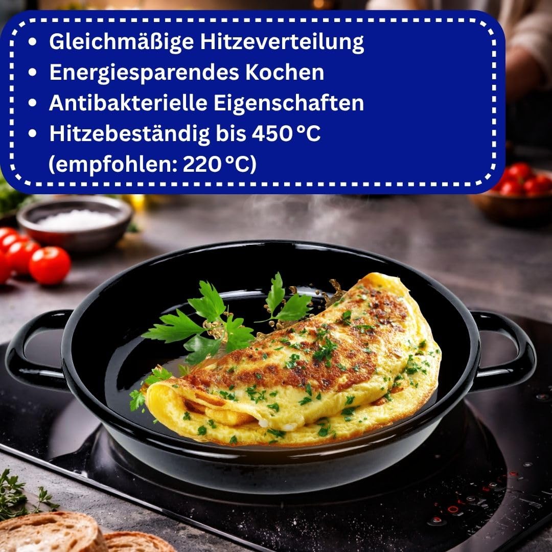 Riess Eierpfanne 22 cm Emaille – Servierpfanne -Omlettpfanne – ideal für Induktion- Eier-Pfanne kratzfest & hitzebeständig – kleine Bratpfanne für Omlette Spiegelei schwarz Made in Österreich