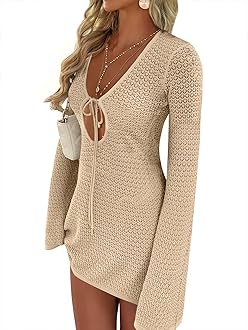 Swimsuit Cover Up for Women Crochet Bathing Suit 2026 Summer Swimwear V Neck Mesh Knit Dress Beach Vacation Clothes