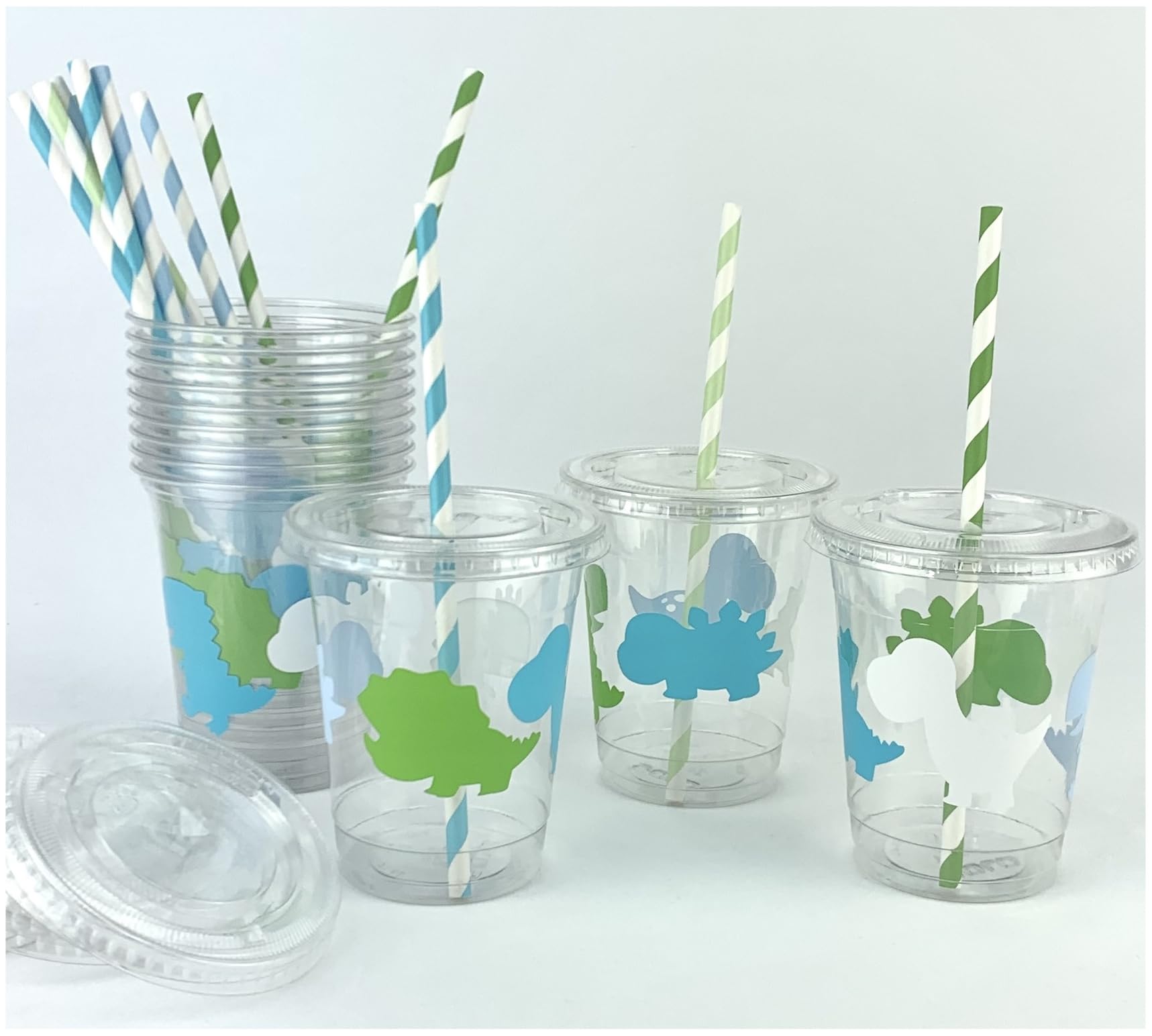 Blue & Green Dinosaur Birthday Party Cups, Dino Baby Shower, Plastic Disposable Cups, Slot Lids, Paper Straws, Set of 12