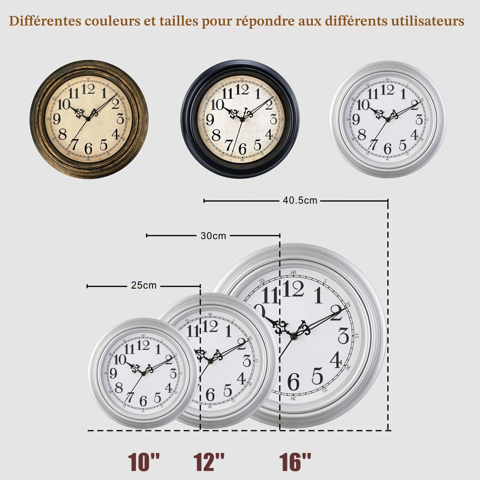 Plumeet Horloge Murale Rétro 40.6cm Silencieux Classique pour Salon Chambre Bureau Noir