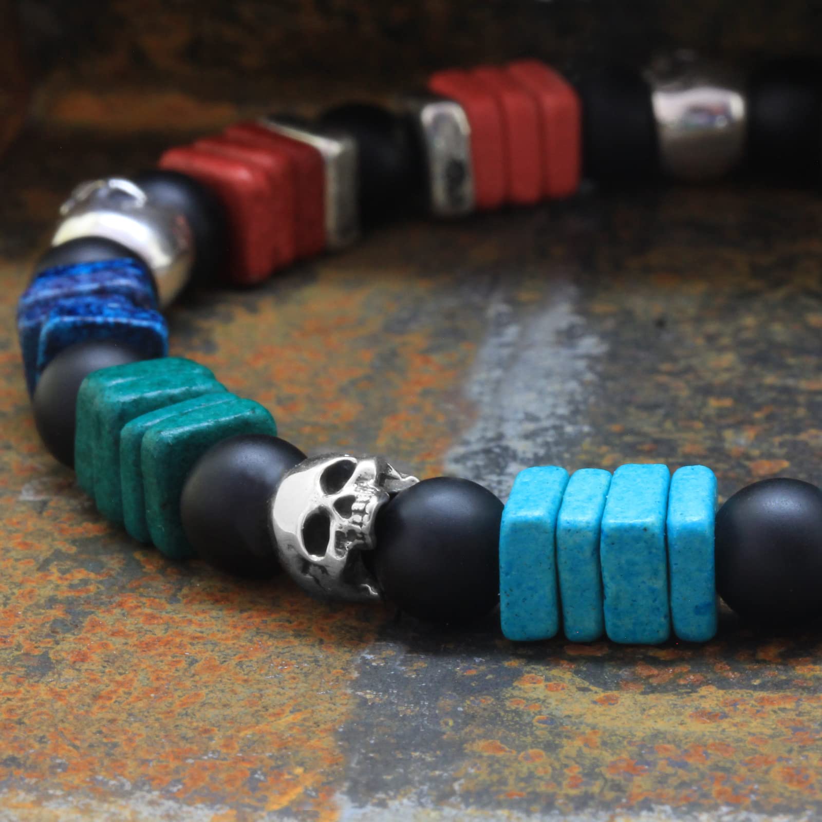 Nato Cuff, 925 Sterling Silver Skull Bracelet, Artisanal Greek Ceramic Beads, Onyx Gemstones Beads - Image 2