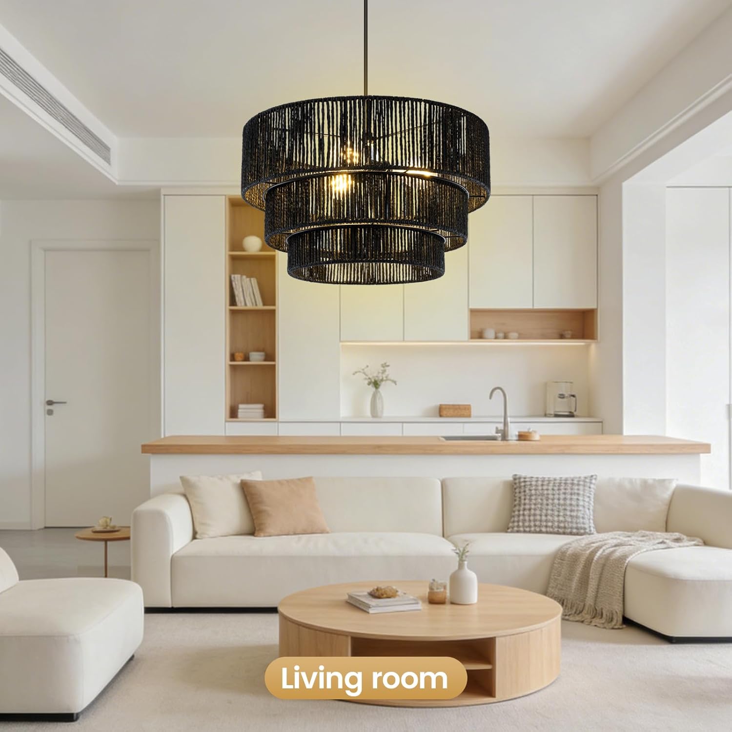 BoostArea 3 Light Boho Rattan Chandelier Light Fixture,16.5''Hand Woven Hemp Rope Rustic Pendant Light,Large Farmhouse Hanging Lamp for Dining Room,Kitchen Island,Entryway,Foyer,Coastal Decor,Black