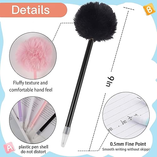 Miniatura 4 de BIWONUI Juego de 8 bolígrafos esponjosos con pompones, suministros escolares, color negro, rosa, morado y blanco, colorido juego de papelería para