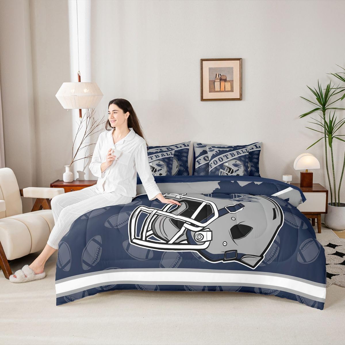 Erosebridal Classic Football City Helmet Comforter Set with Sheets, Gridiron Theme Bedding Navy and Grey Sports City Silhouette Illustration Bed Set Queen Size for Rugby Sports Fans Gift - Image 2