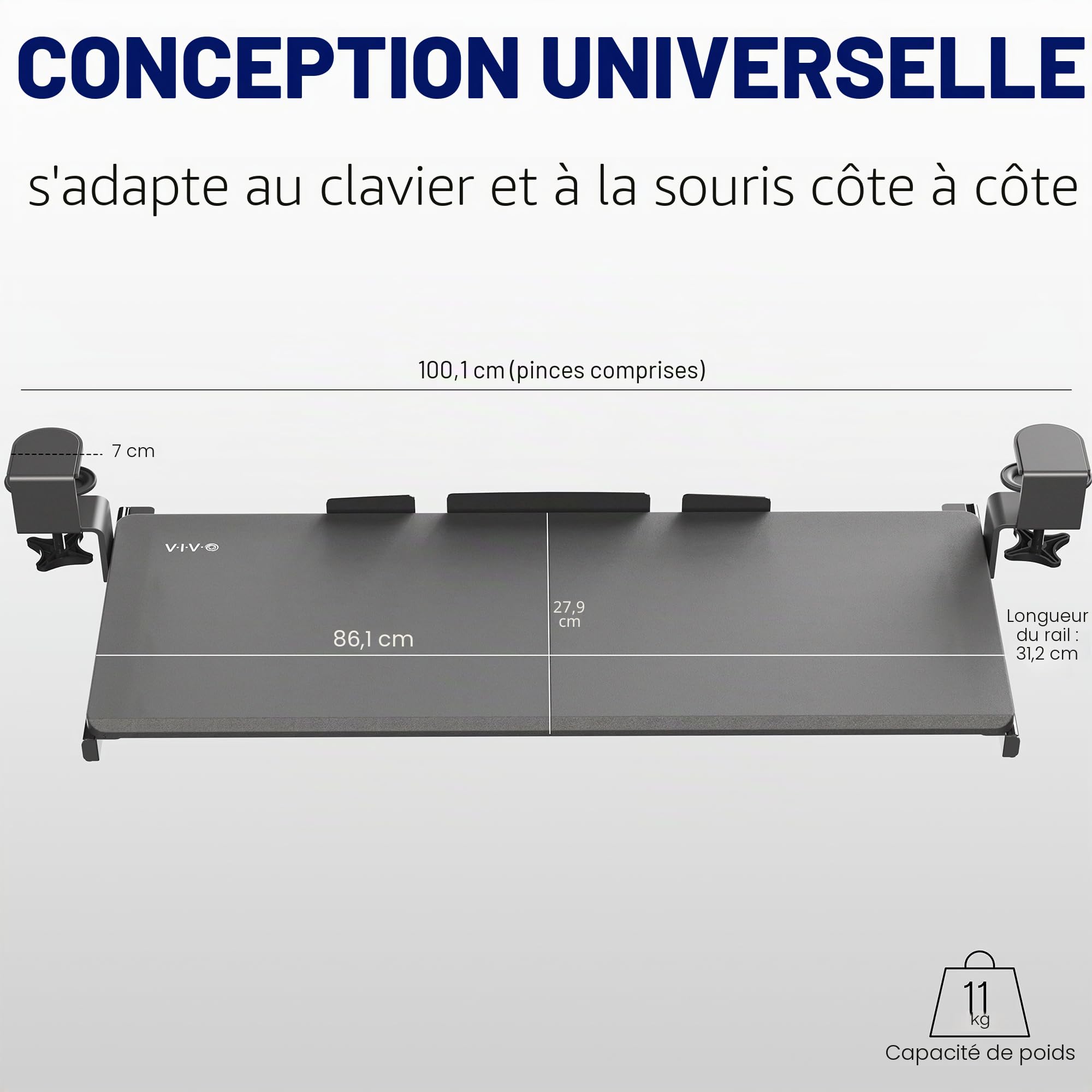 VIVO MOUNT-KB15EB Plateau de Clavier extractible sous Le Bureau avec système de Fixation en C Extra Robuste, 86 cm (102 cm y Compris Les Pinces) x 28 cm, tiroir d'ordinateur Coulissant pour saisir,