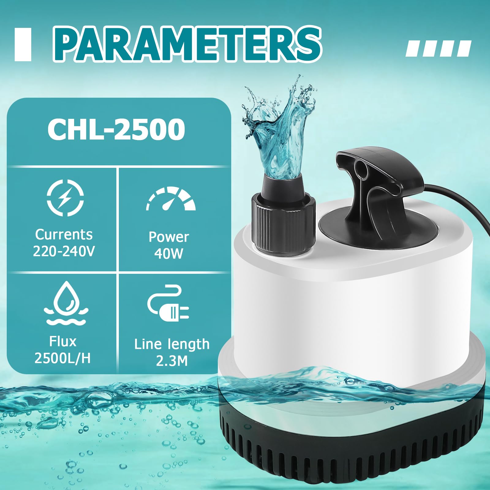 EXLECO Mini Bomba de Agua Sumergible Bomba Aguas Sucias Max.2500L/H 40W 220-240V Bomba de Estanque Ultra Silenciosa Bomaba Acuario Pequeño Bomaba Fuente con 2,3M Cable 3 Boquillas para Jardín Etanques - 3