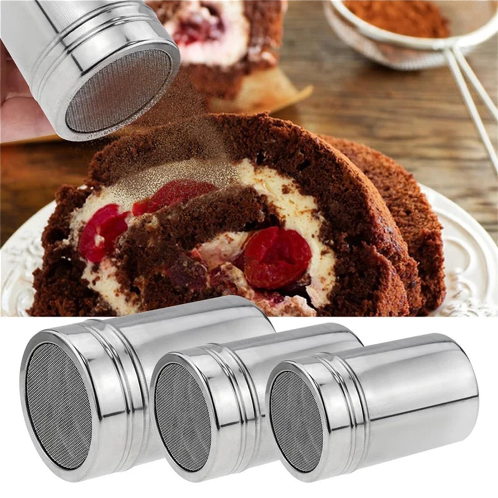 Aspersor de Polvo Acero Inoxidable 3 Piezas con Tapa para Casa | Botella de condimento de cacao en polvo, rociador de polvo, tarro de condimento, herramientas for barbacoa