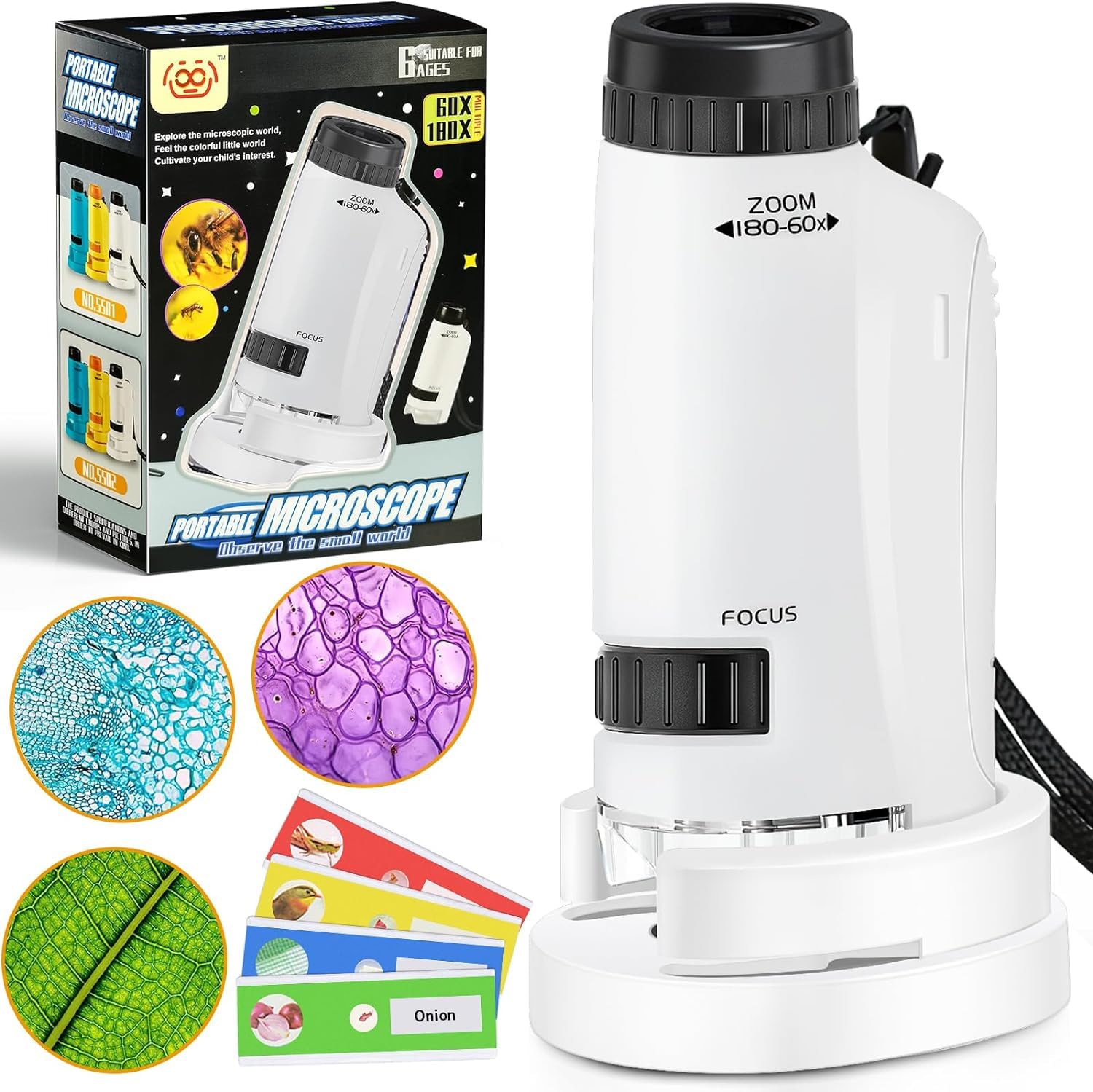 Mini Microscope for Kids, 60X-180X Pocket Microscope with 5 Microscope Slides, Portable Handheld Microscope for Children Students