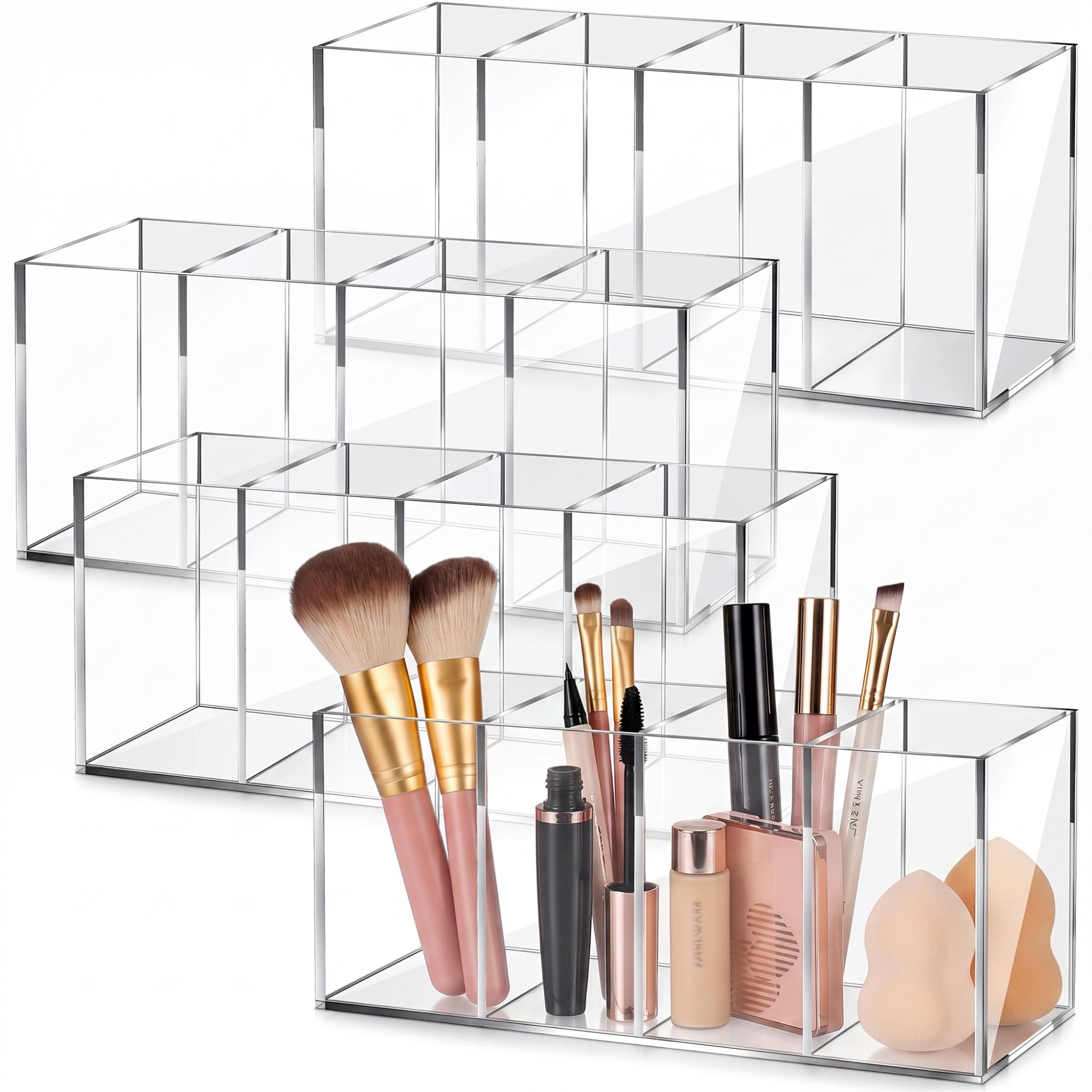 Paquete de 4 soportes acrílicos para lápices, 4 compartimentos, organizador de lápices transparente, soporte acrílico para brochas de maquillaje, organizador de lápices de acrílico, taza para