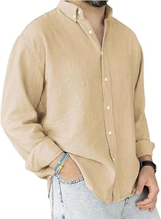Men's Loose Fitting Cotton Button Down Shirt, Simple and Versatile Solid Color Quick Dry Collared Long-Sleeved Shirt