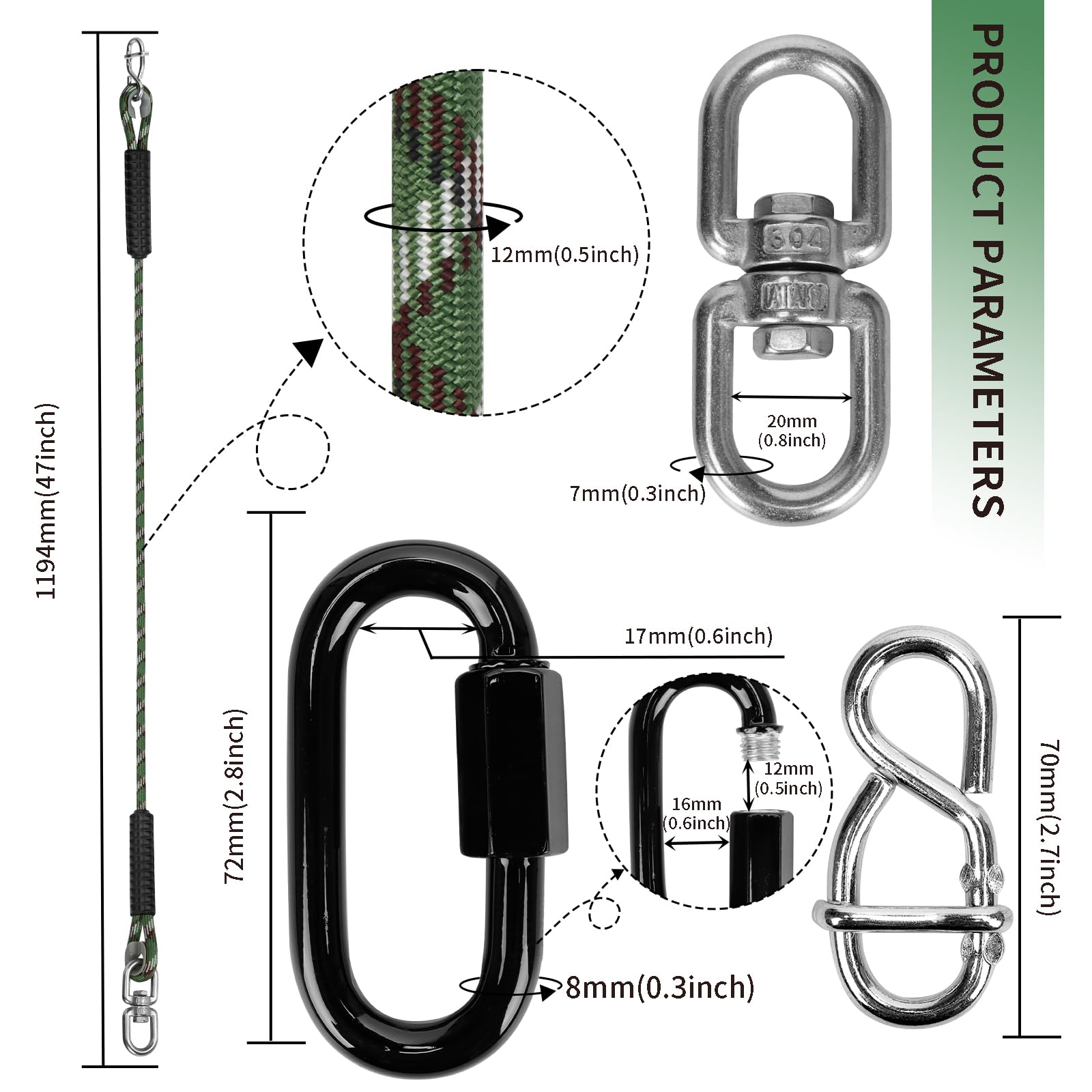 2Pcs Tree Swing Ropes, Adjustable Hammock Hanging Strap with 2 Carabiner, 450kg Capacity - Image 2