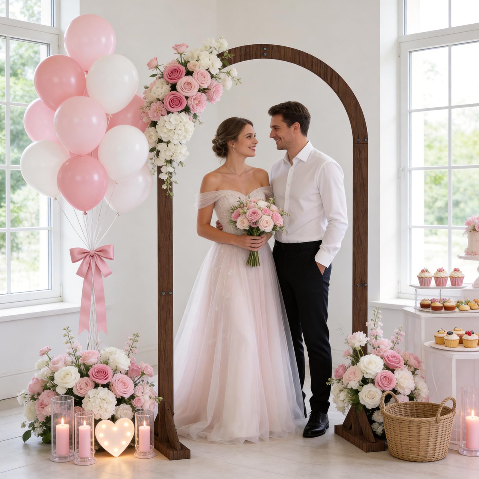 Hochzeitsbögen aus Holz für Zeremonie, 1,8 m Hölzerner Laubbogen, Hintergrundständer mit Design-Bündel für drinnen und draußen, Geburtstag, Party, Garten, Strand, Wald, rustikale Boho-Dekoration