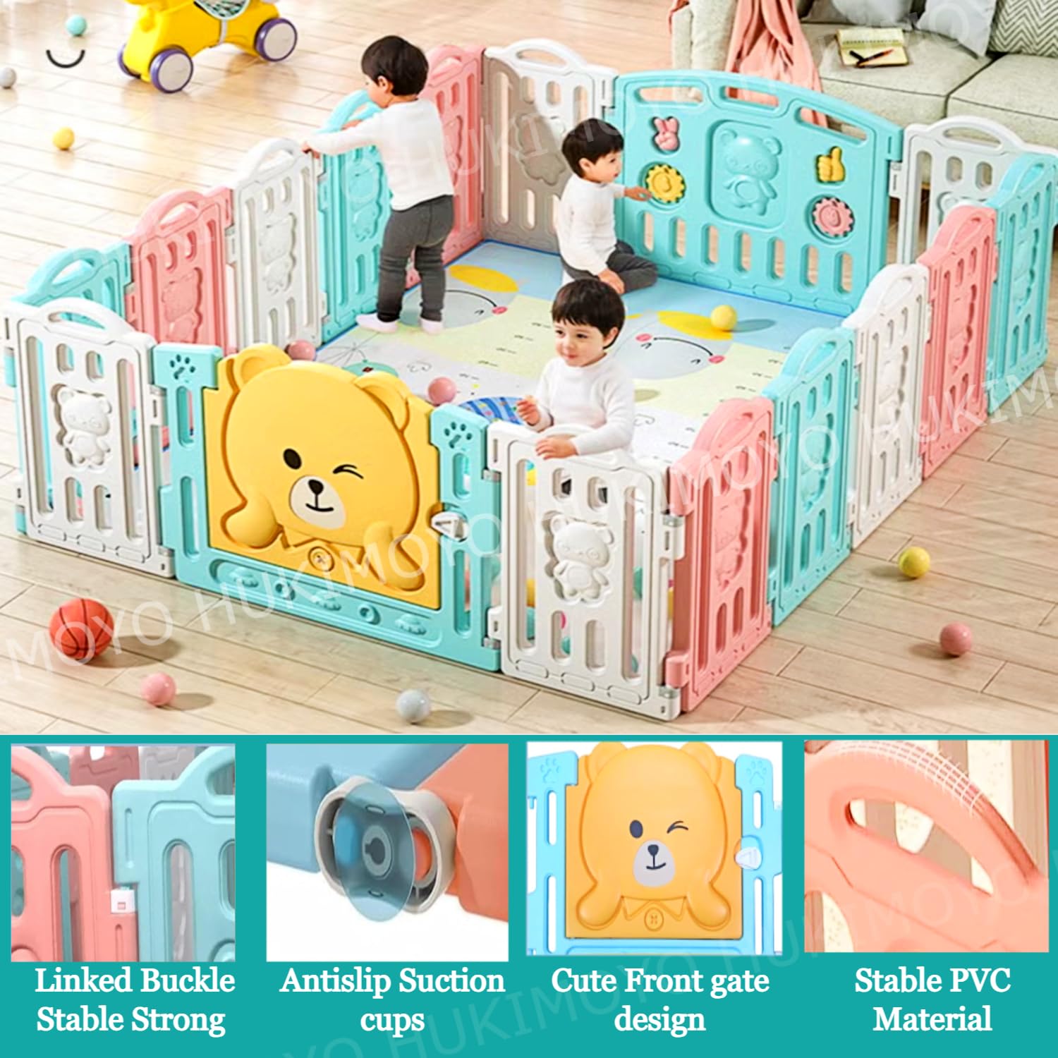 Hukimoyo 18 Panel Playpen for Babies Upto 5 Year Baby Fence Playpen with Mat & Balls Activity Play Yard for Kids Play Area Indoor Setup Fence for Toddlers Outdoor Playarea with Gate (6.1x 6.5ft=40sqft) - Image 6 thumbnail